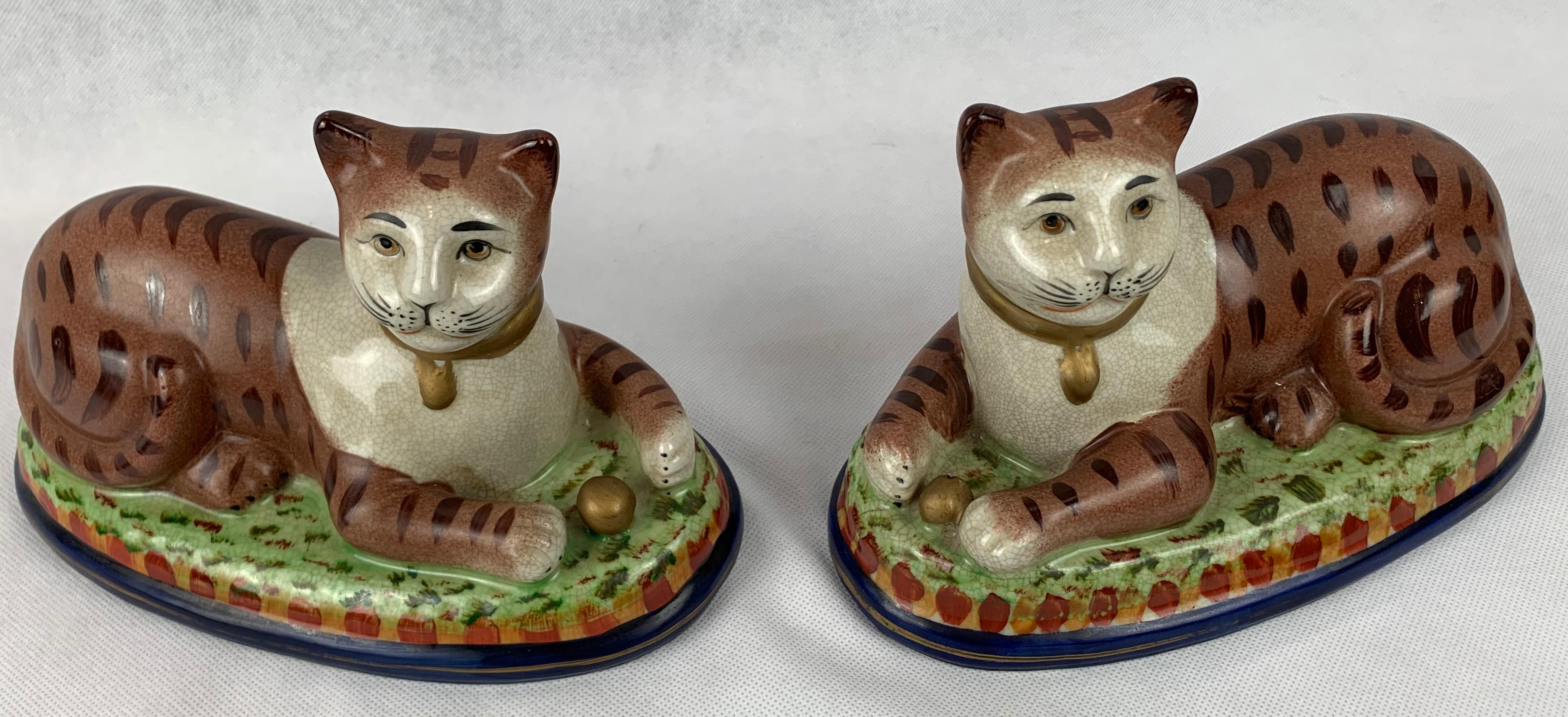 Hand-Painted  Staffordshire Ceramic Hand Decorated Recumbent Cats-A Pair