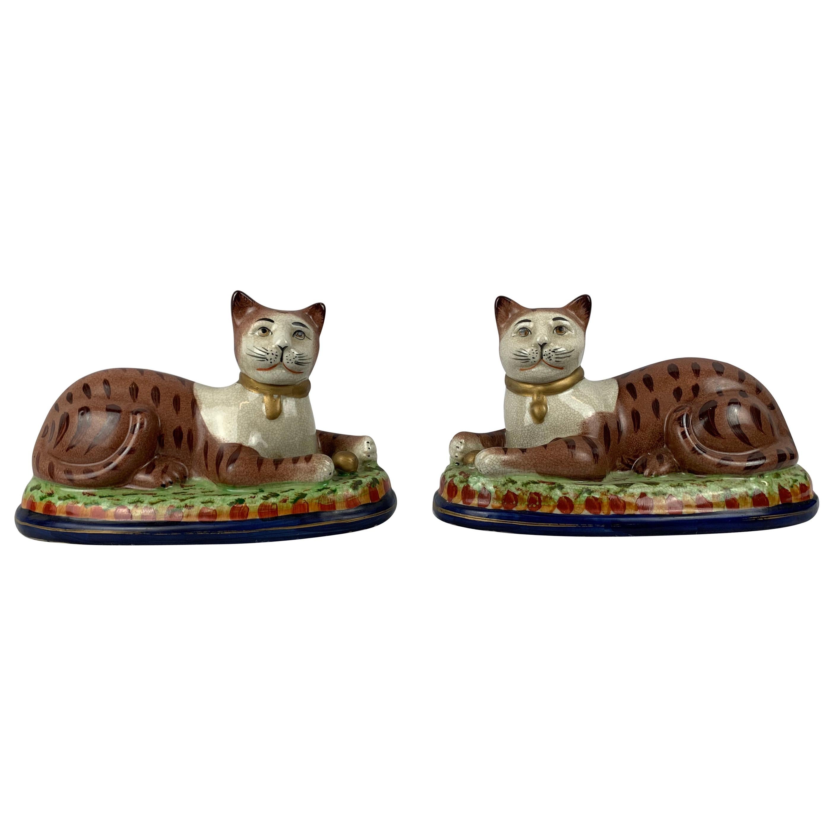  Staffordshire Ceramic Hand Decorated Recumbent Cats-A Pair