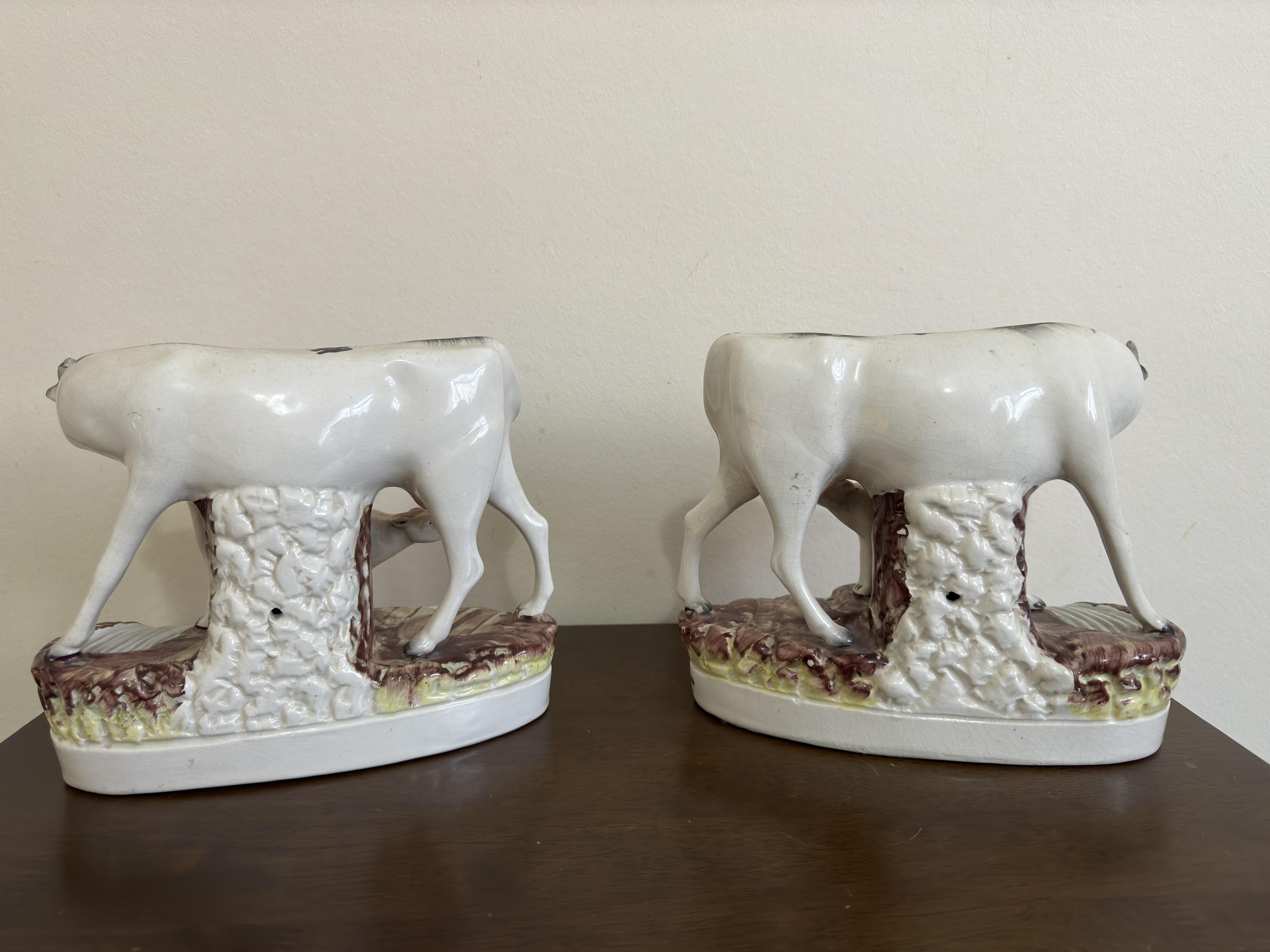 Hand-Painted Pair Staffordshire Cows and Calves For Sale