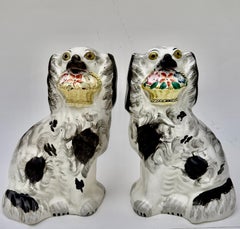 Pair Staffordshire Flower Basket Spaniels Black & White Dogs England Circa 1850