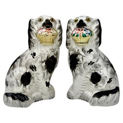 Pair Staffordshire Flower Basket Spaniels Black & White Dogs England Circa 1850