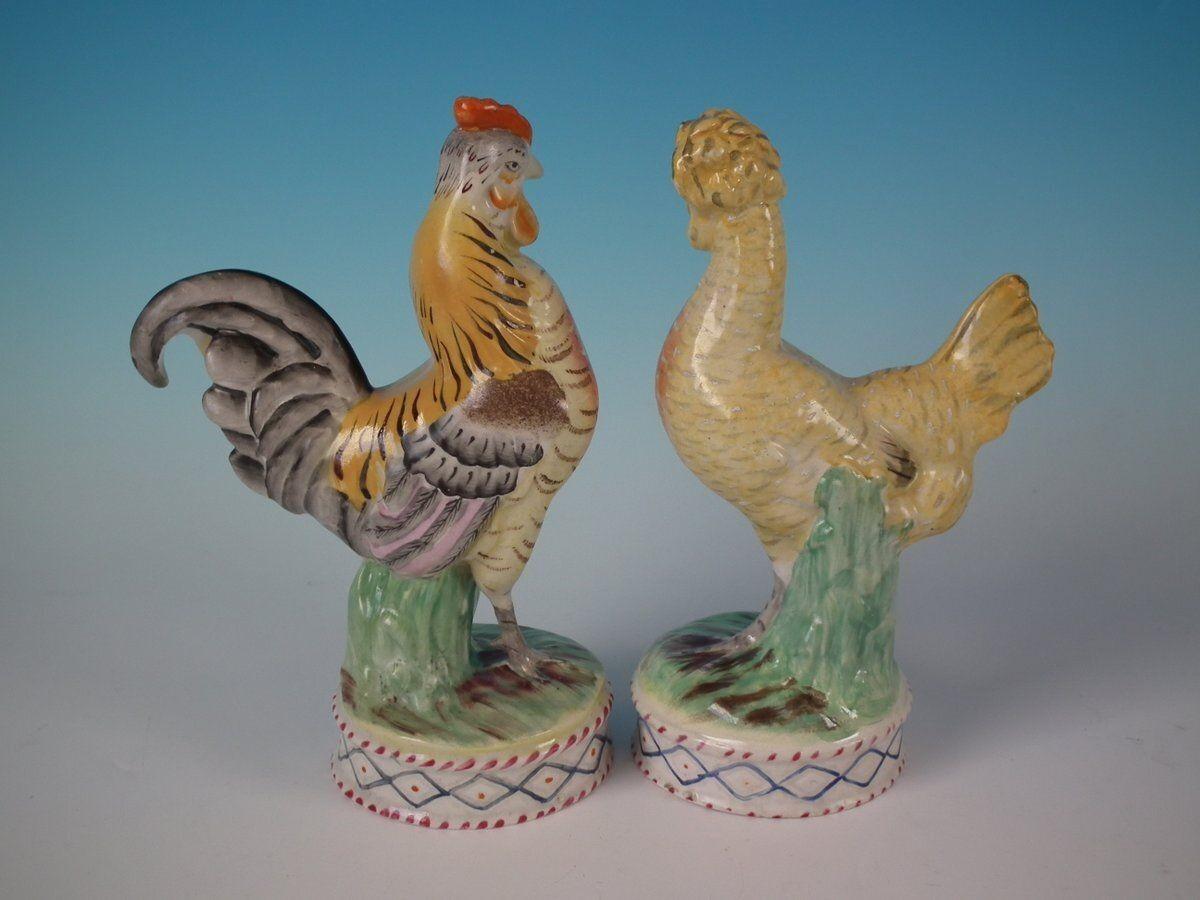 English Pair Staffordshire Hen and Cockerel / Rooster Figures For Sale