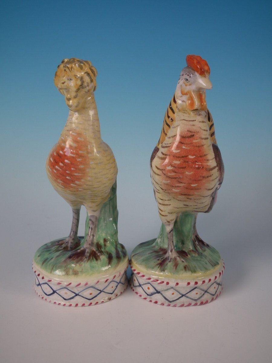 Pair Staffordshire Hen and Cockerel / Rooster Figures In Fair Condition For Sale In Chelmsford, Essex