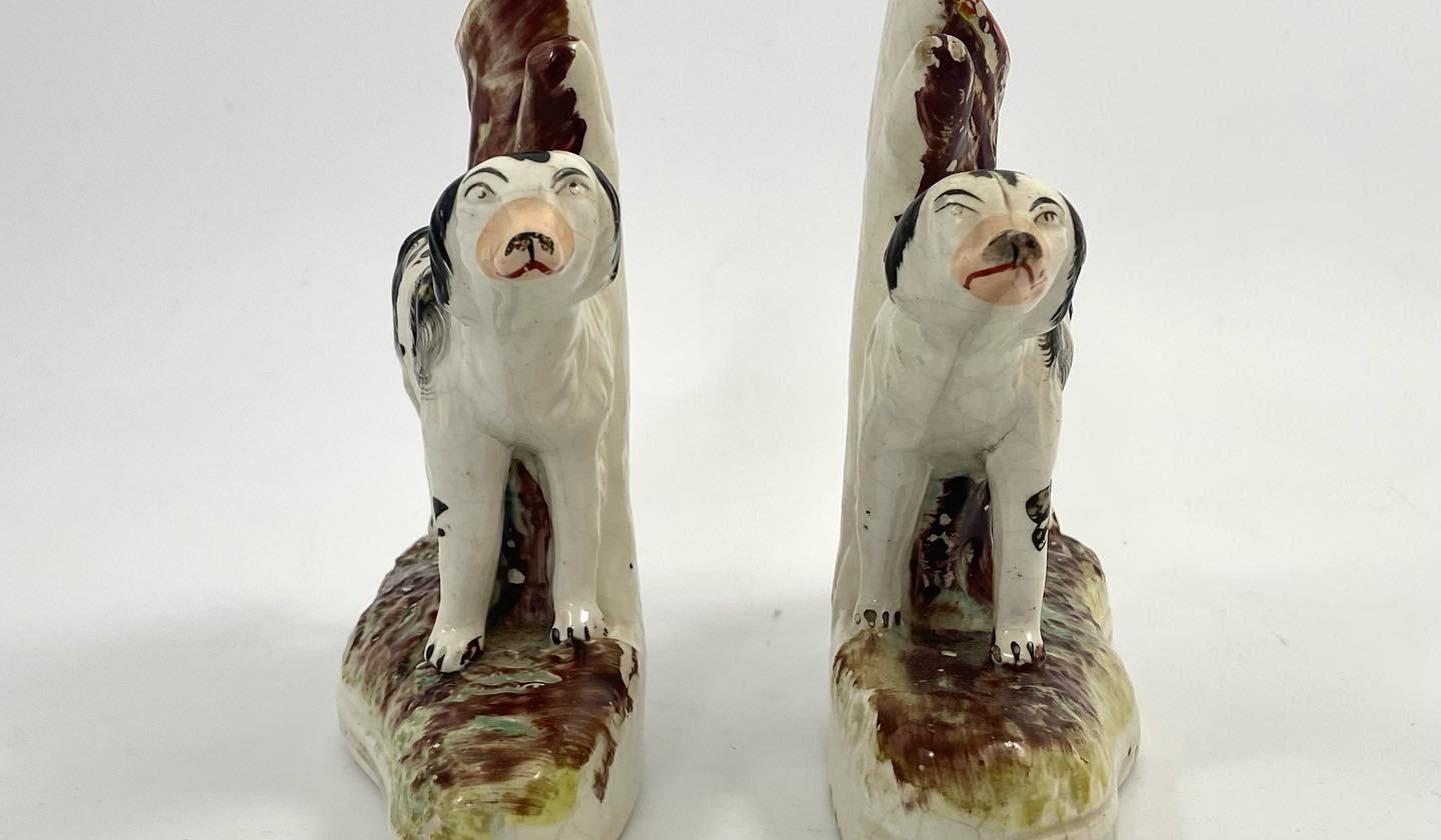 Fired Pair Staffordshire ‘Pointer’ Spill Vases, c. 1870 For Sale