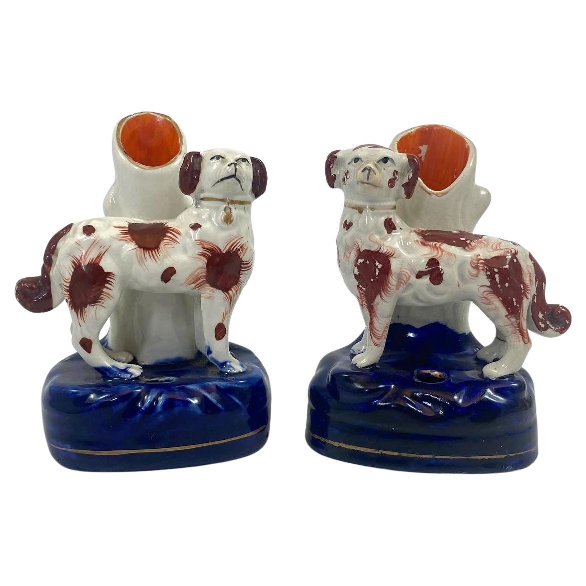 Pair Staffordshire Pottery Dog Spill Vases, C. 1860