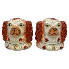 Antique Pair Staffordshire pottery Spaniel window rests, c. 1850.