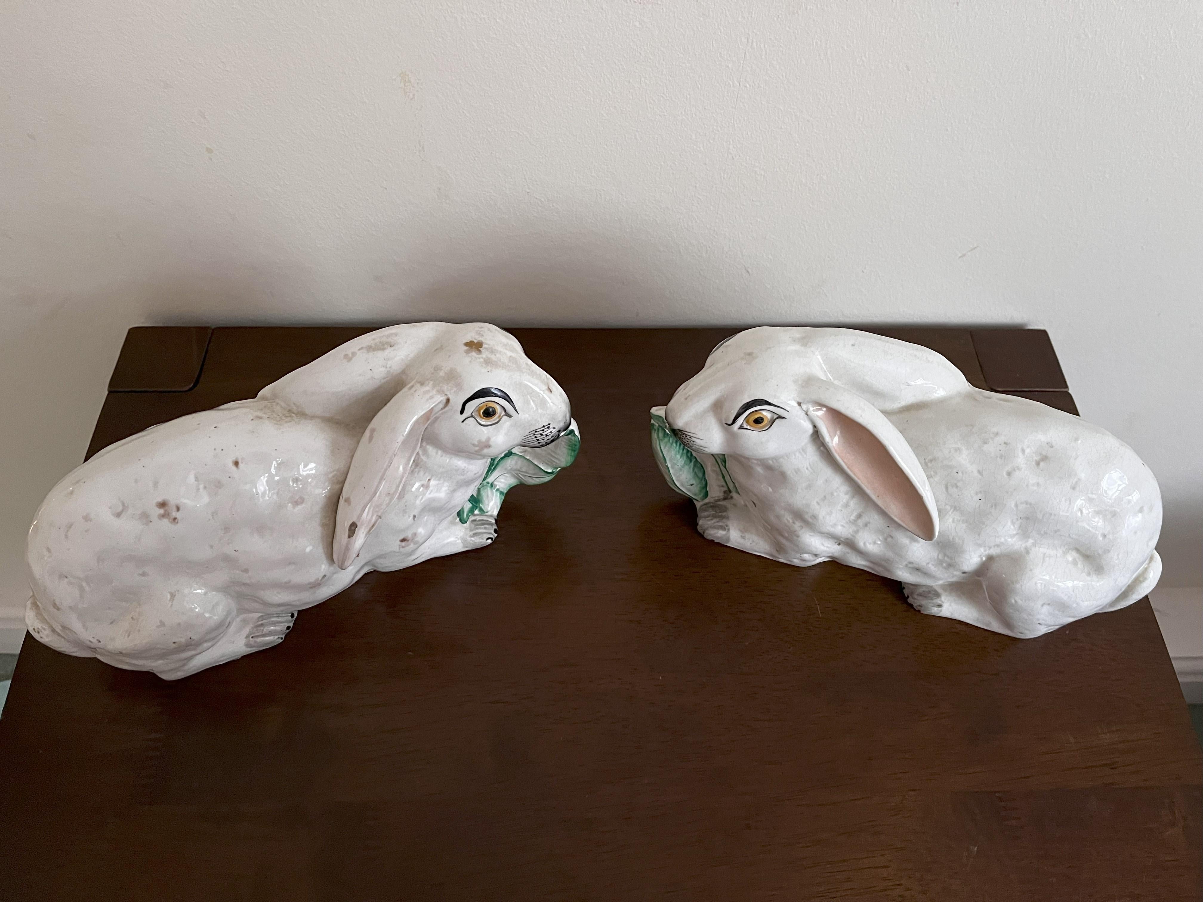 Pair Staffordshire Recumbent Rabbits 6