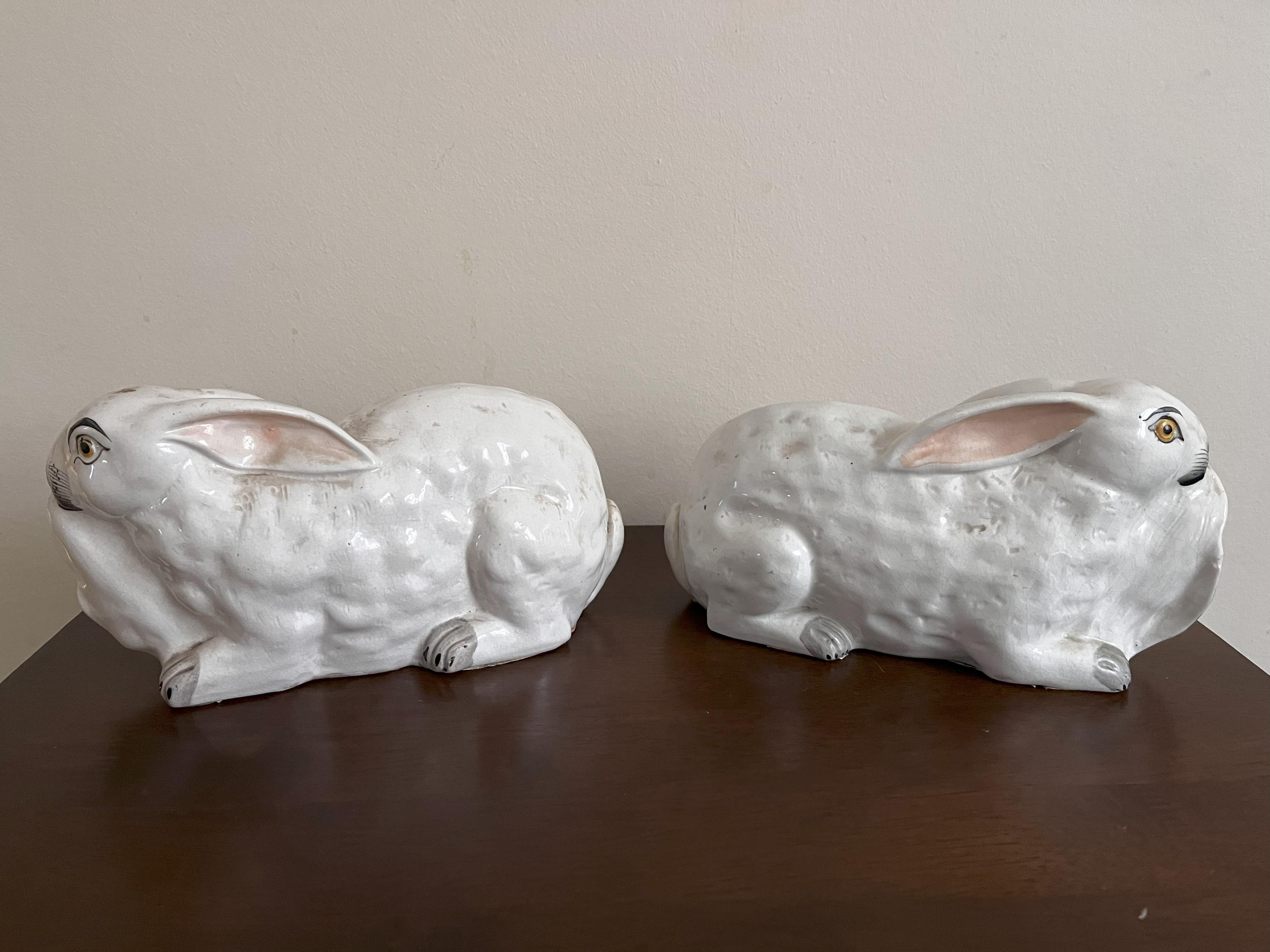 Mid-19th Century Pair Staffordshire Recumbent Rabbits