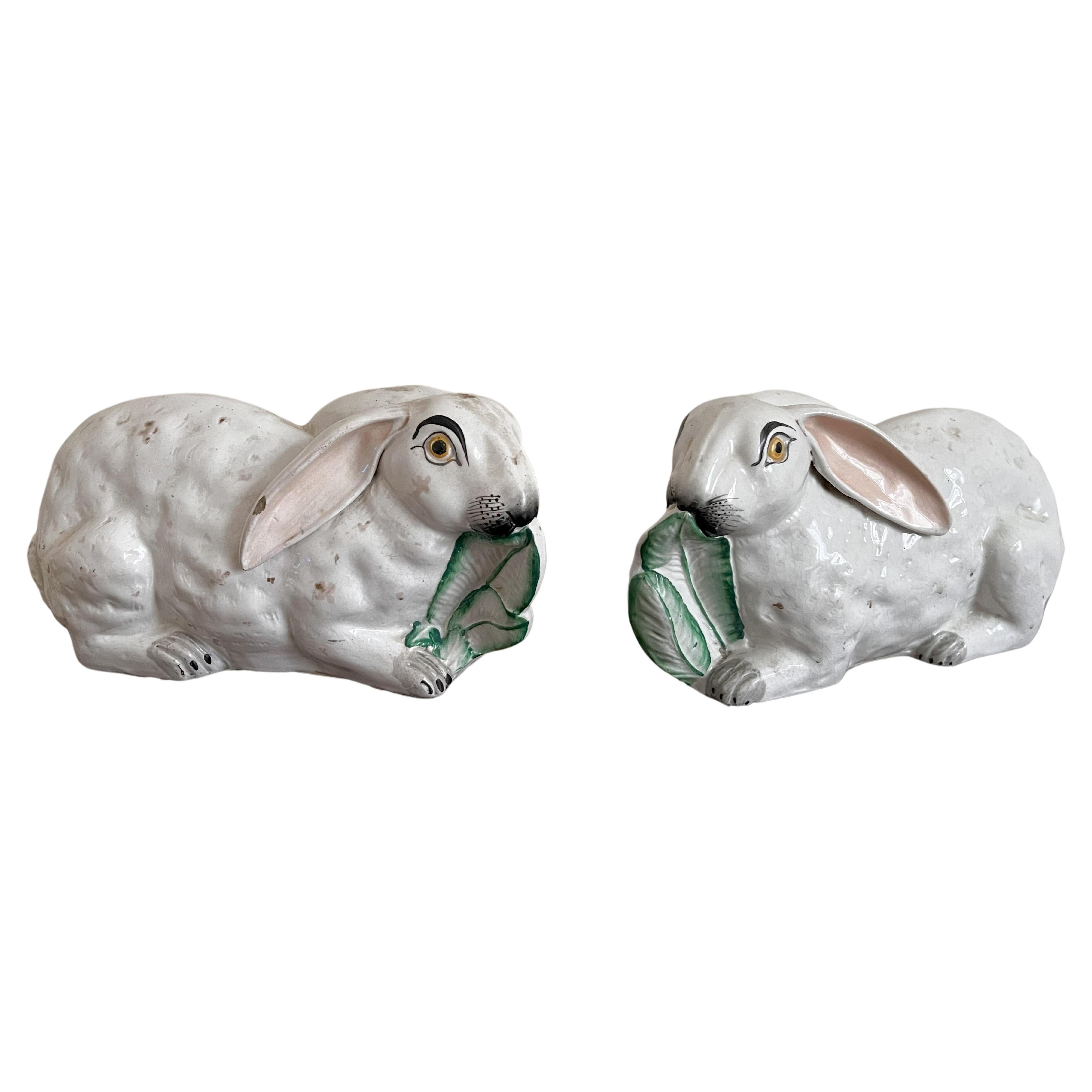Pair Staffordshire Recumbent Rabbits