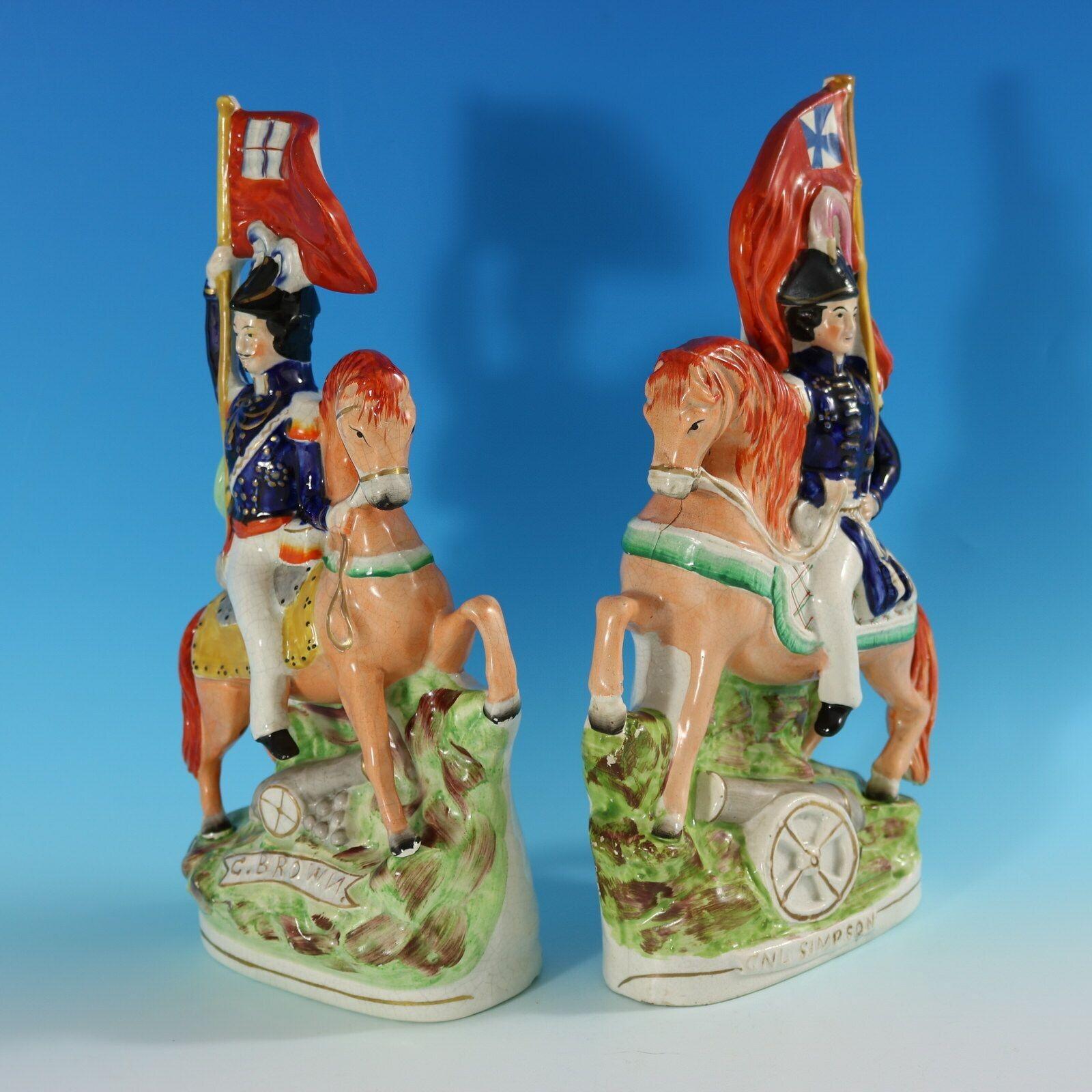 Pair of Staffordshire figures with a military theme which feature two generals each holding a flag, seated on horseback. The pieces are titled, ''G. BROWN' and 'GNL SIMPSON'' to the fronts. Dull gilt titles and embellishment. These represent Sir