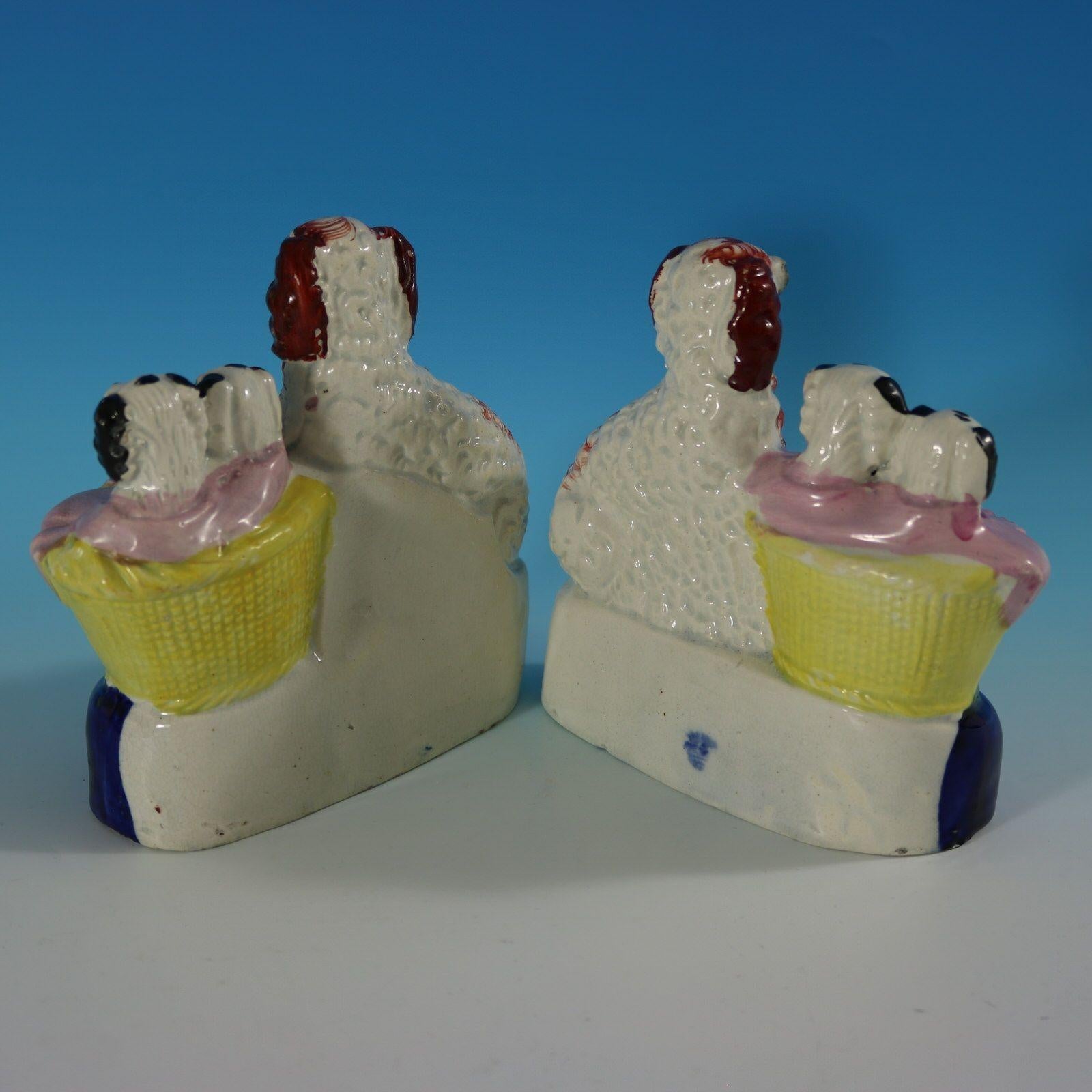 19th Century Pair Staffordshire Spaniel and Pups in Wash Baskets For Sale