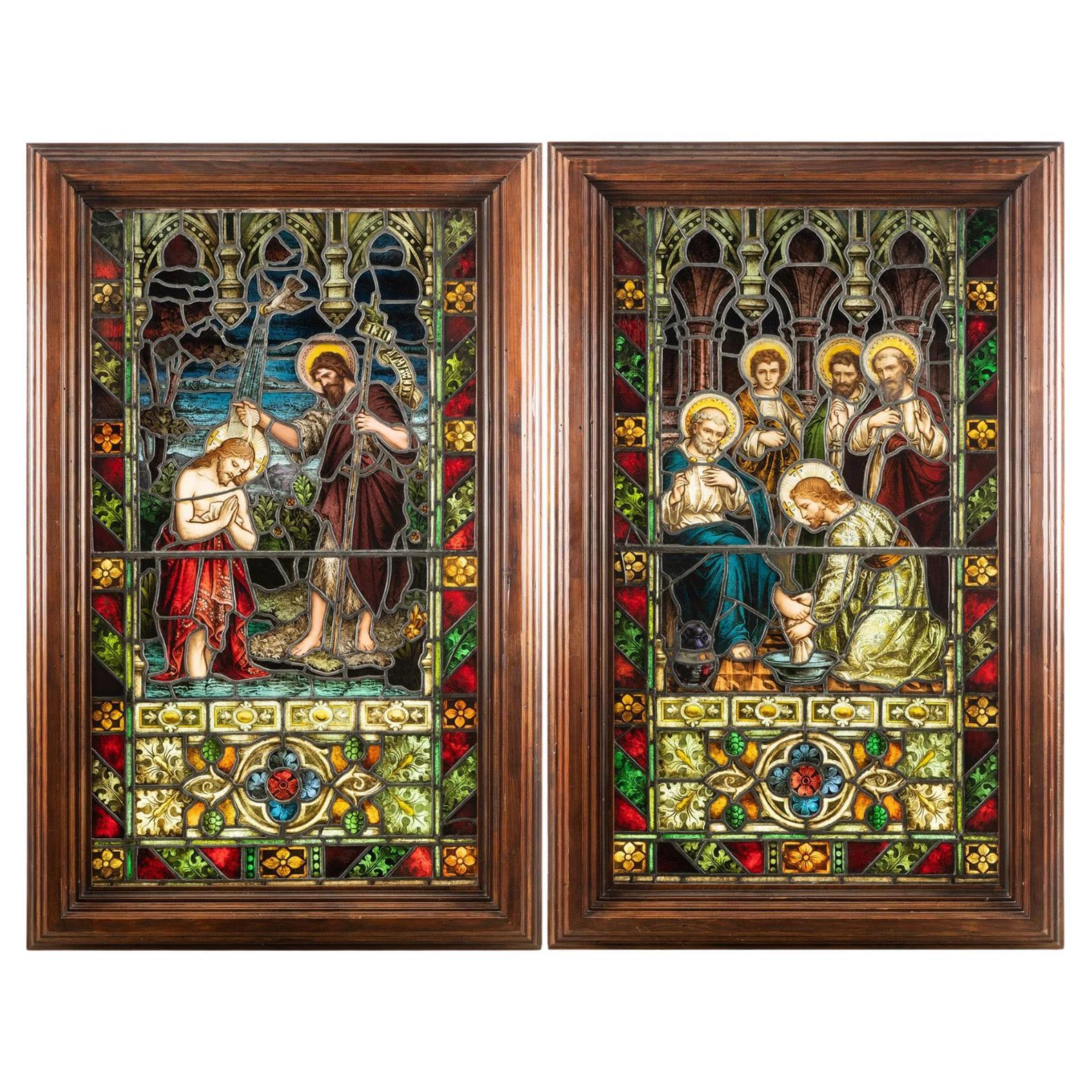 Pair Stained Glass Painted Windows Christ Baptism 
Christ Washing Disciple Feet