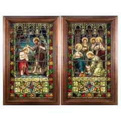 Pair Stained Glass Painted Windows Christ Baptism & Christ Washing Disciple Feet