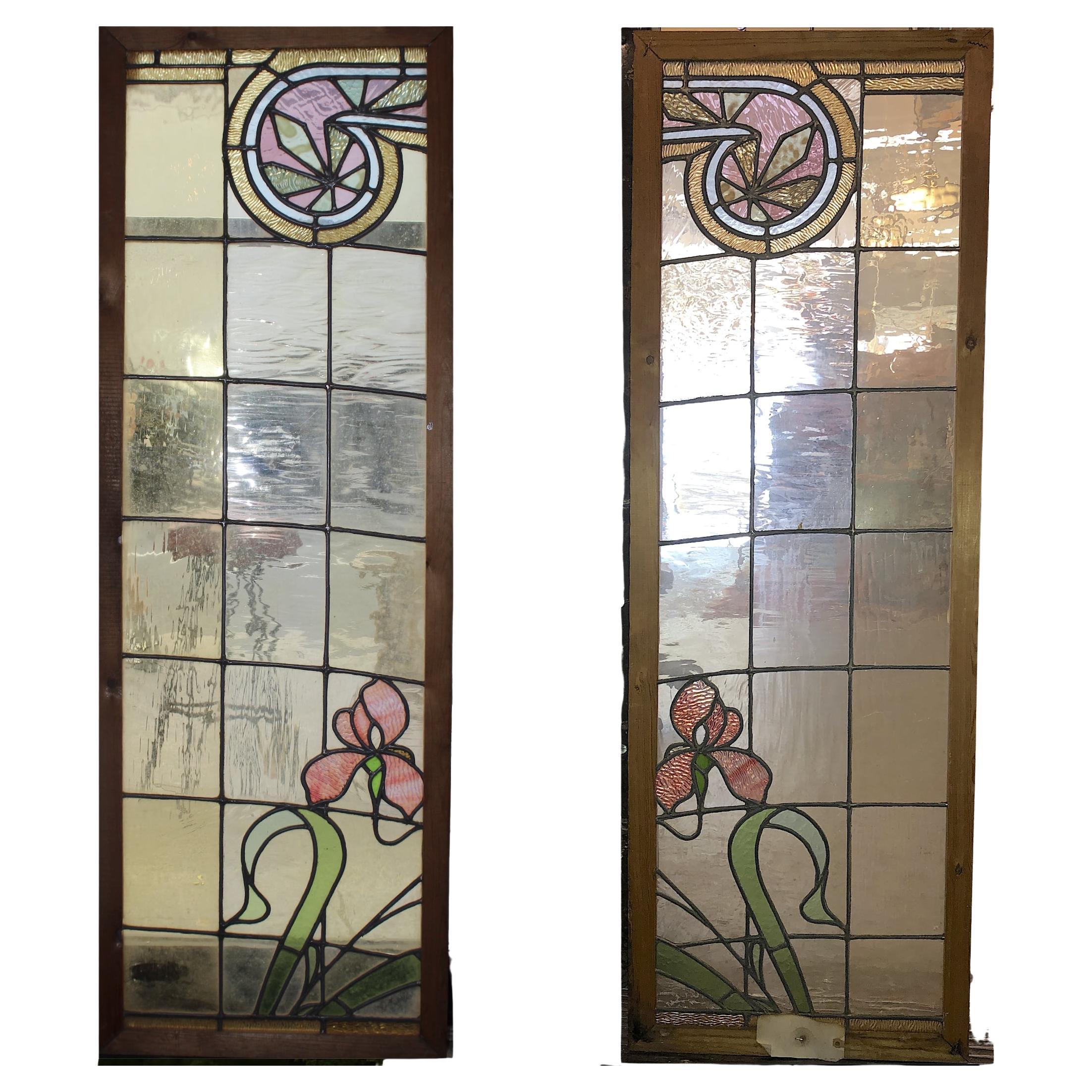 Coppia di finestre o traversi in vetro Stained Glass 18" x 54"
