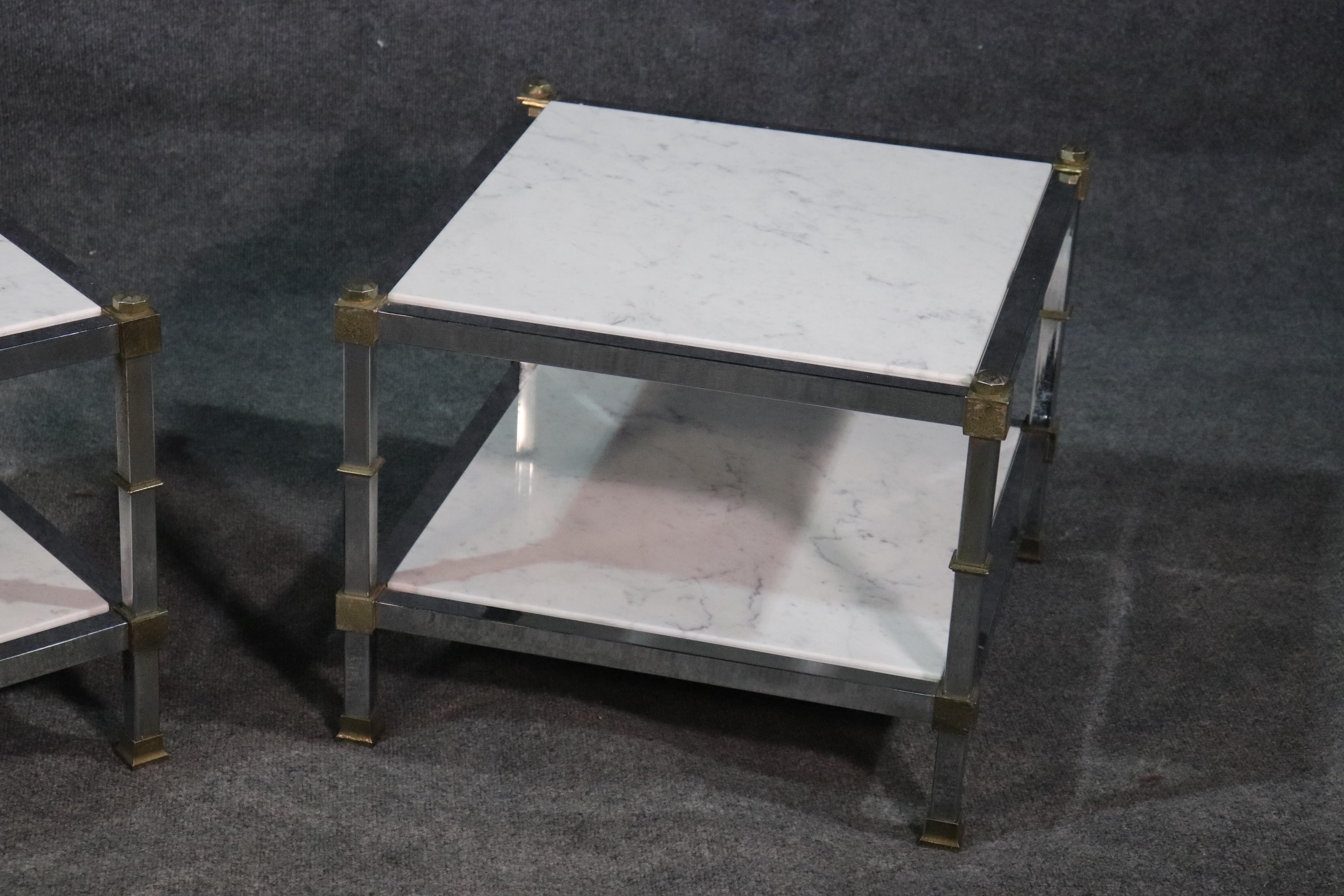 Hollywood Regency Pair of Steel and Brass White Carrara Marble Top Maison Jansen Style End Tables