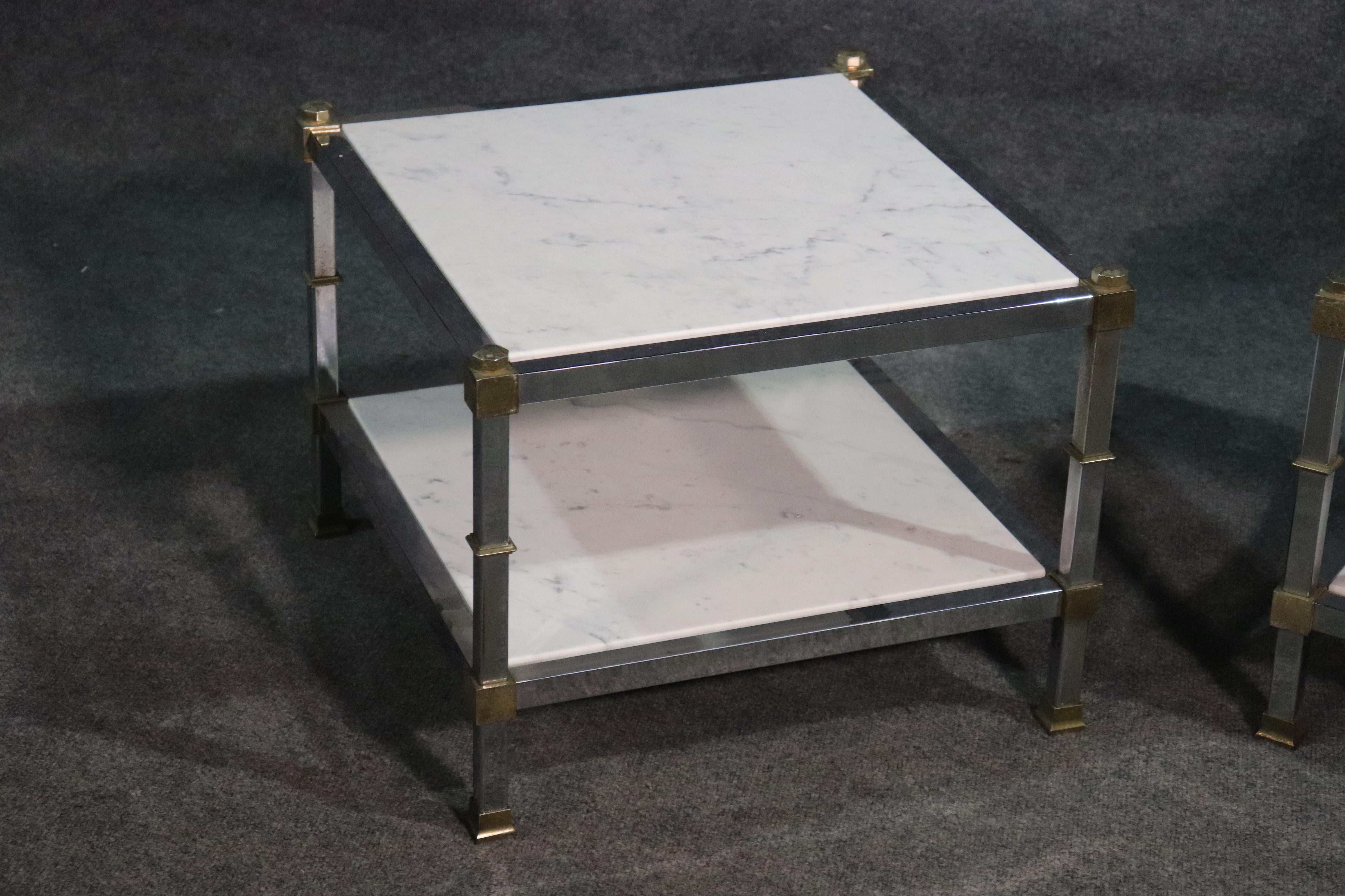 French Pair of Steel and Brass White Carrara Marble Top Maison Jansen Style End Tables