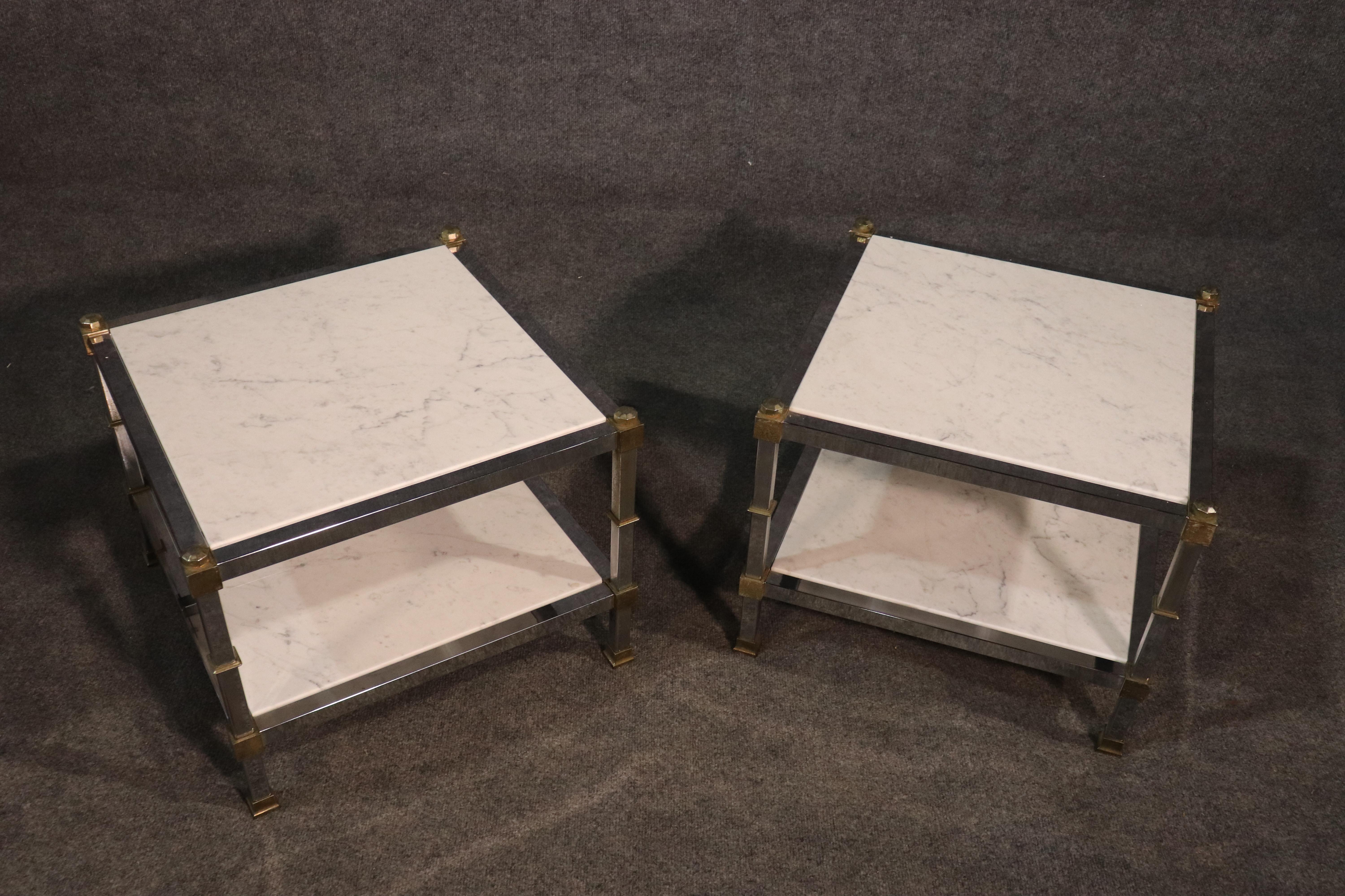 Pair of Steel and Brass White Carrara Marble Top Maison Jansen Style End Tables In Good Condition In Swedesboro, NJ