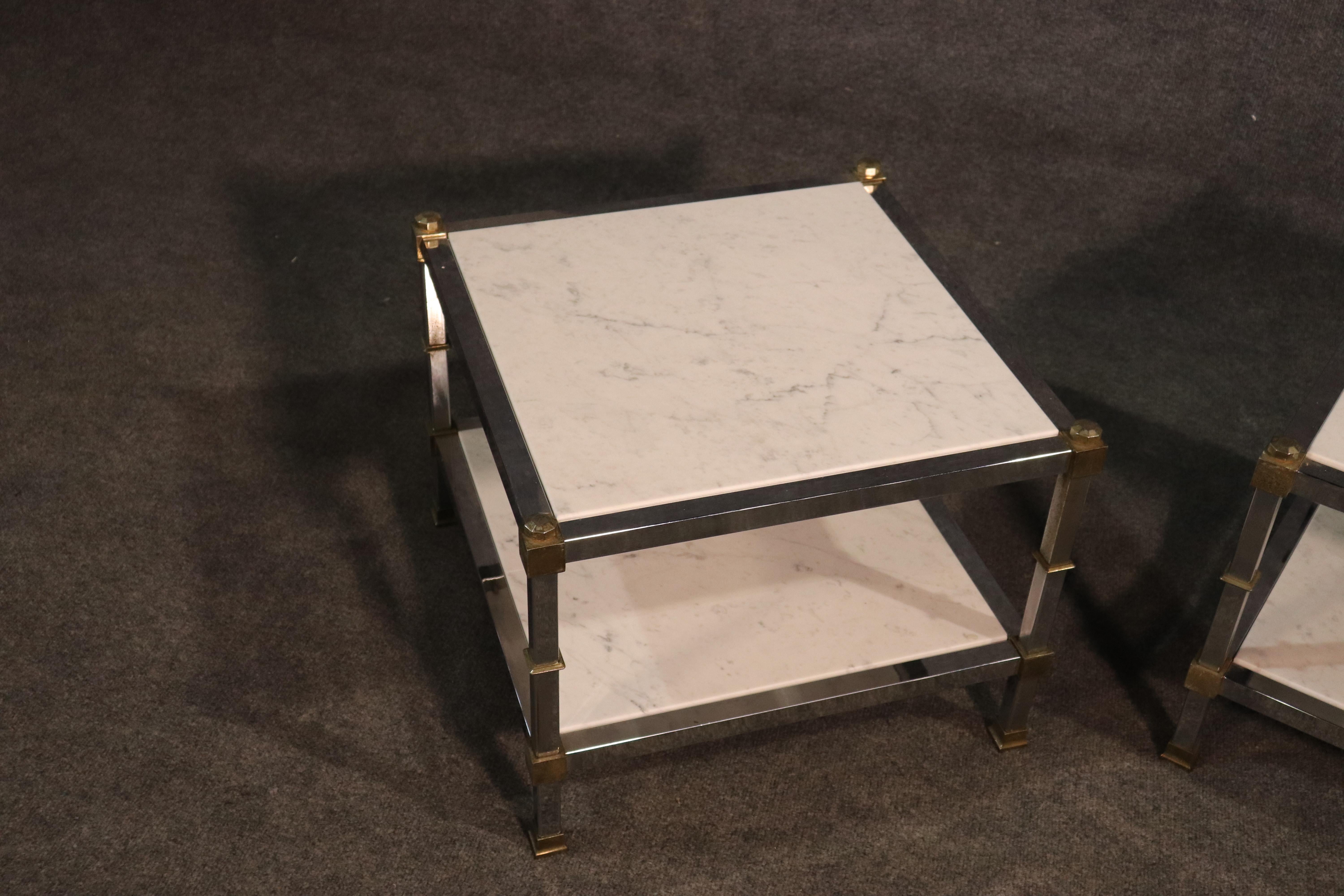 Mid-20th Century Pair of Steel and Brass White Carrara Marble Top Maison Jansen Style End Tables