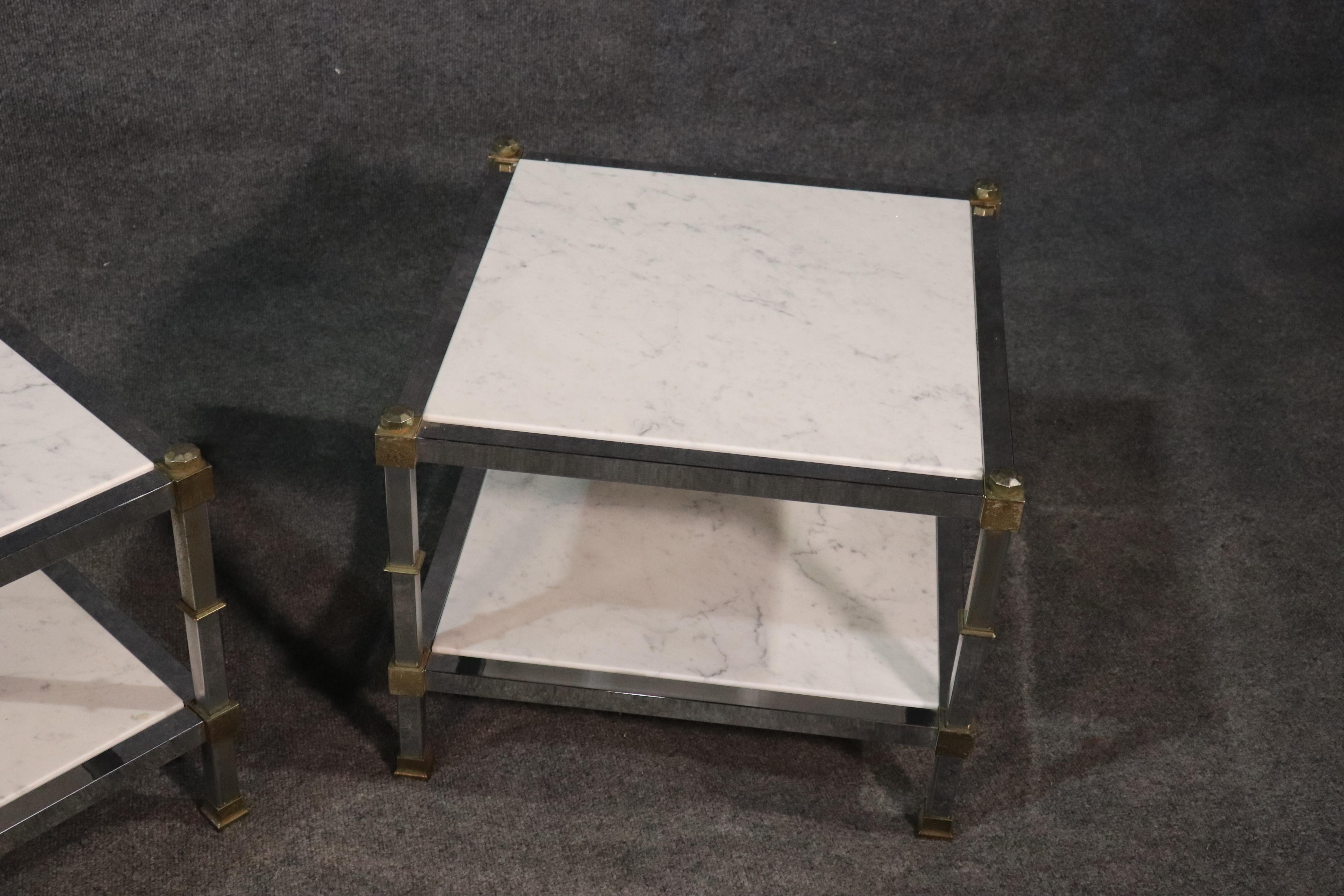 Pair of Steel and Brass White Carrara Marble Top Maison Jansen Style End Tables 1