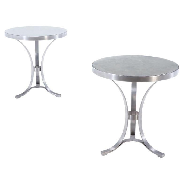 Pair steel and lacquered wood round tables attributed to Jansen C 1970. For Sale