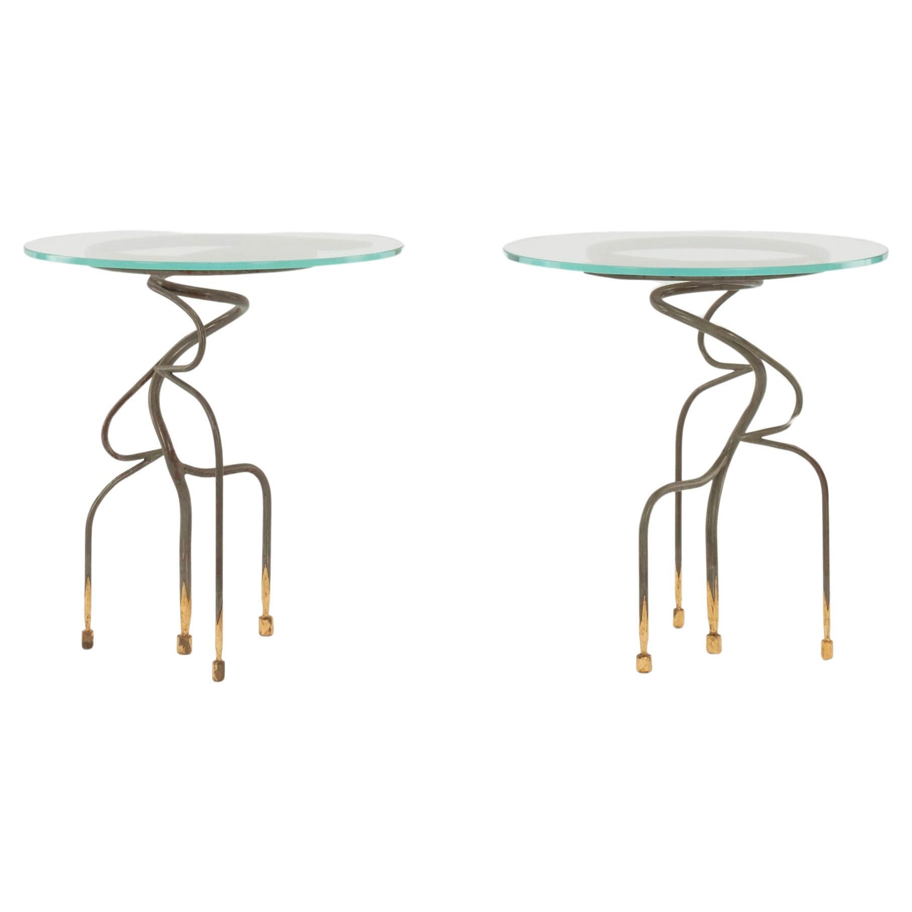 Pair Steel Brass Glass Snake Style Tables