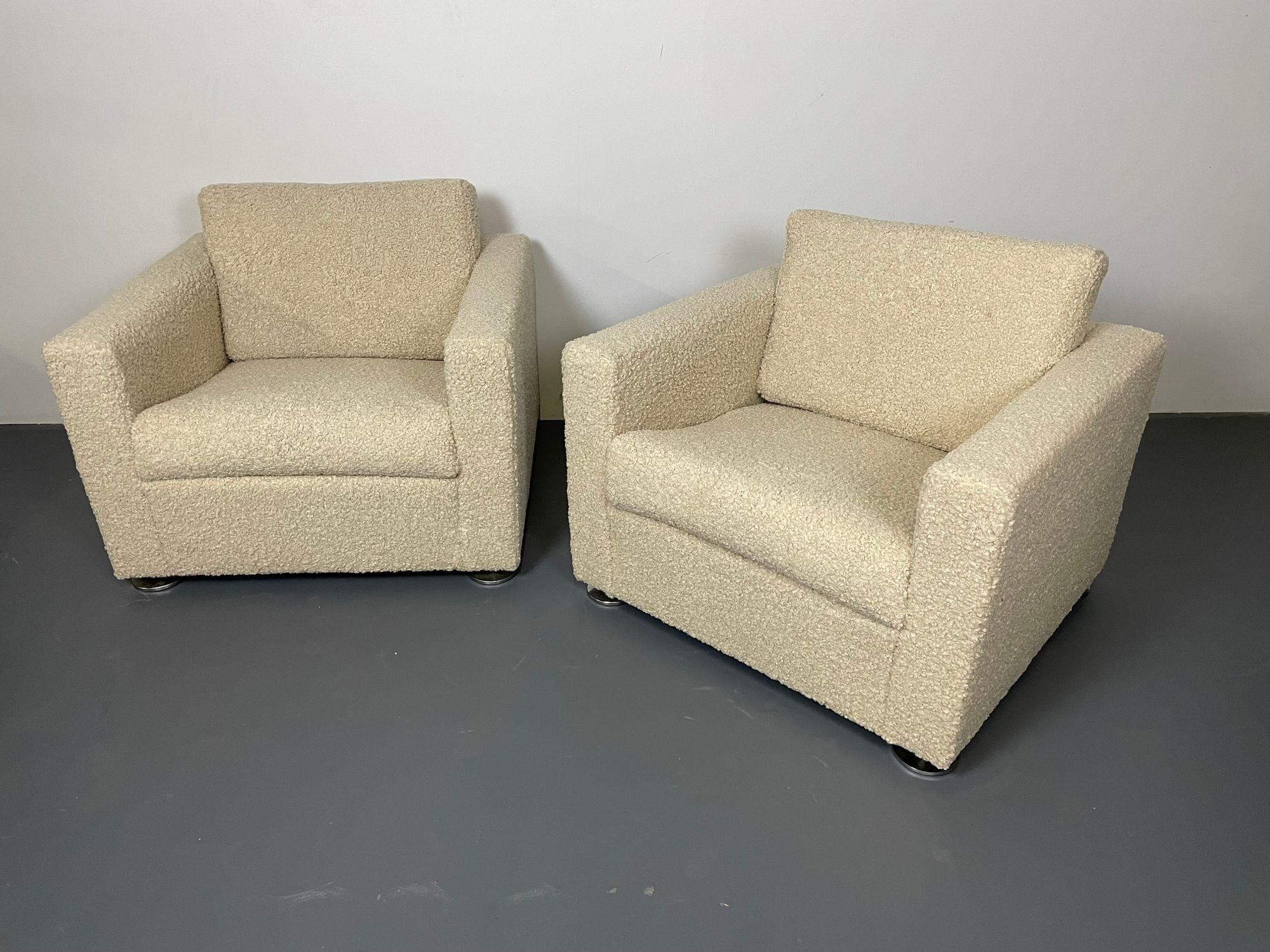 Pair Stendig arm chairs, Switzerland, New Sheepskin Boucle, Mid-Century Modern
 
A rare pair of Stendig made in Switzerland arm chairs in a new sheepskin style boucle, thick and rich with fully redone cushions. The box form mid century modern