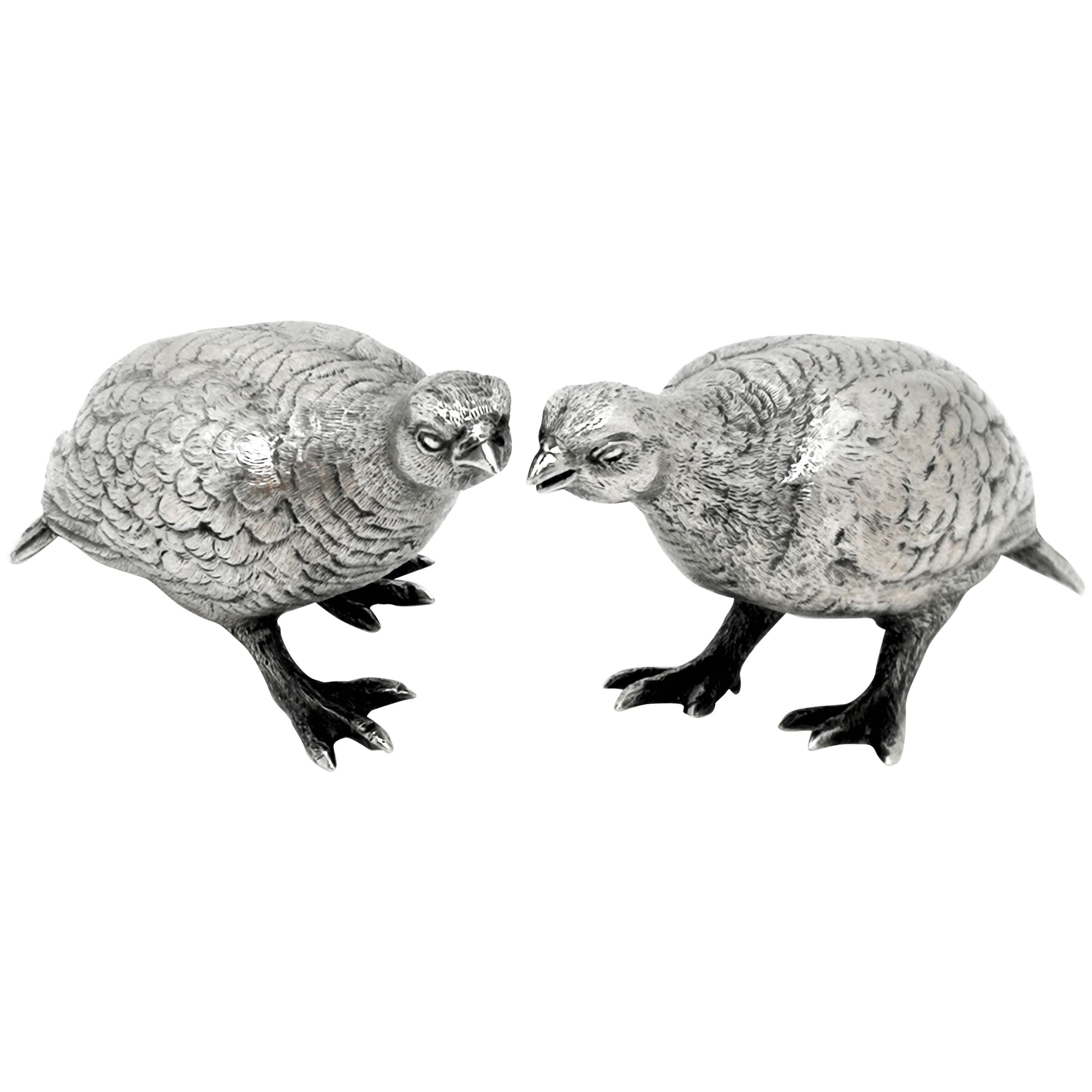 Pair of Sterling Silver Grouse Birds Model Figures 1964