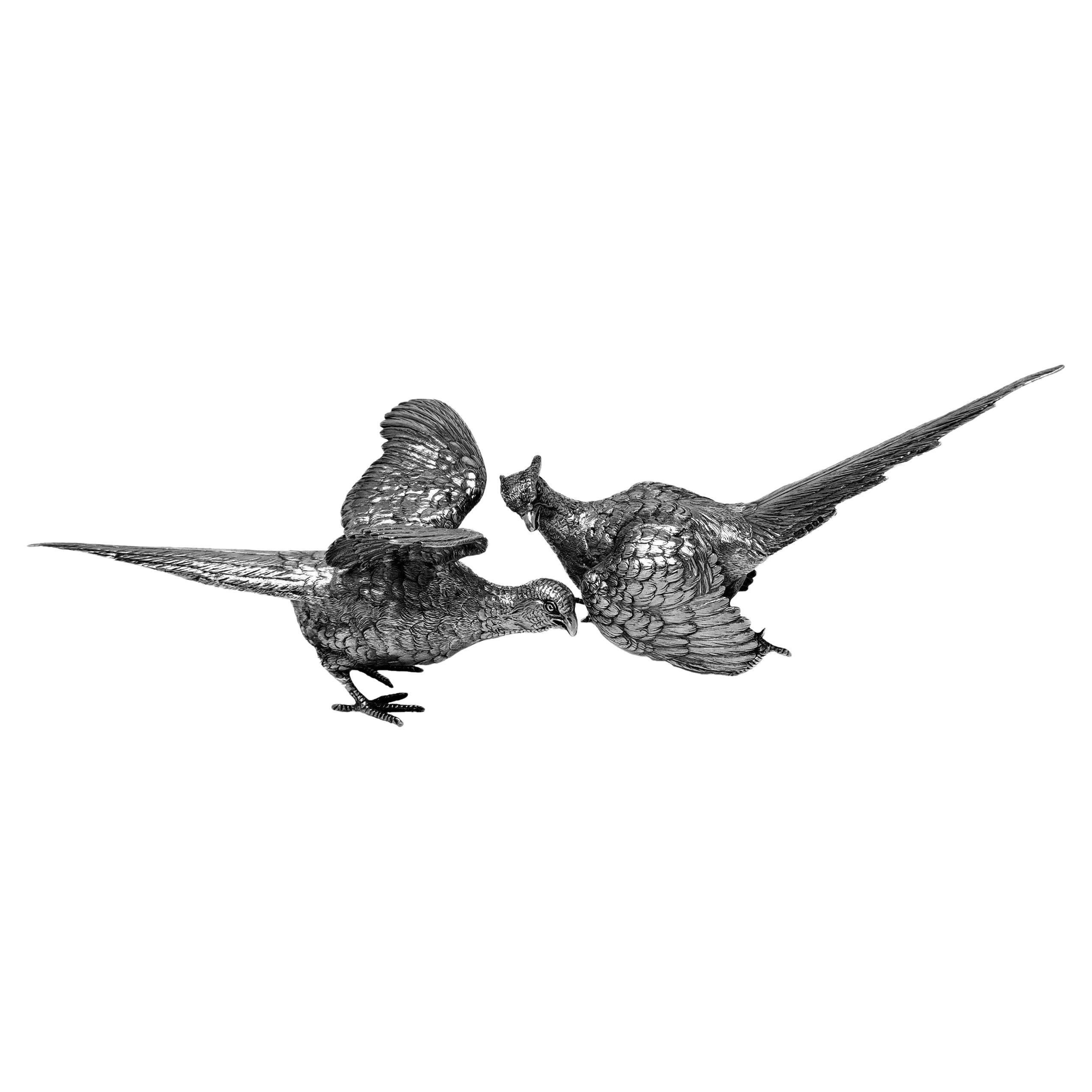 Pair Sterling Silver Model Pheasant Birds Figurines Sculptures 1976