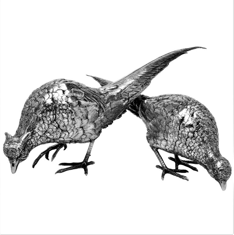 European Pair Sterling Silver Model Pheasants Bird Sculptures English Import Mark, 1933