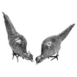 Pair Sterling Silver Model Pheasants Bird Sculptures English Import Mark, 1933