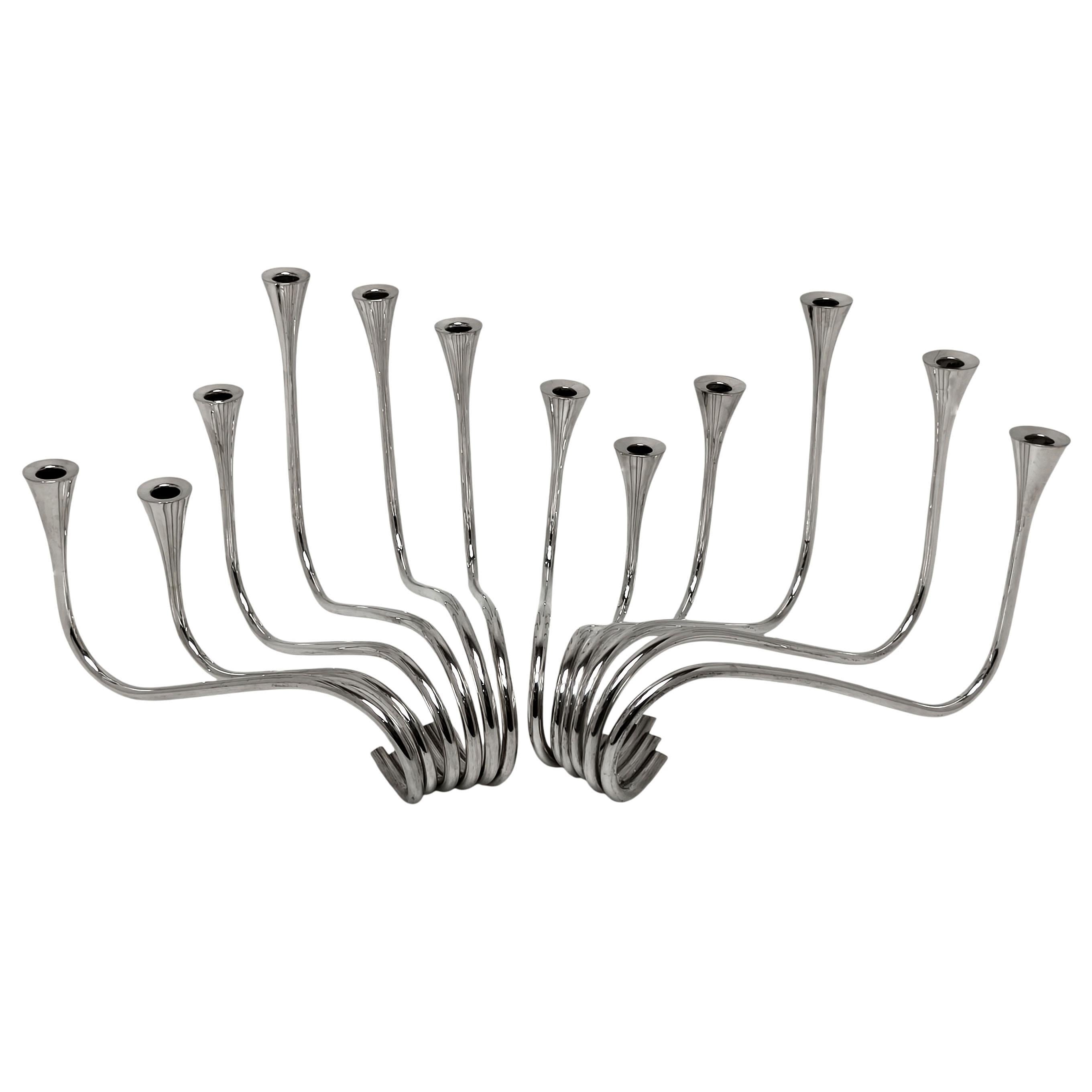 Moderno Coppia di candelabri modernisti in argento Sterling Denmark c 1955 The Waves Michelsen in vendita