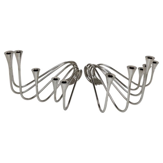 Pair Sterling Silver Modernist Candelabra Denmark c 1955 The Waves Michelsen