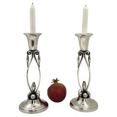 Vintage Pair Sterling Silver Shabbat Candlesticks Georg Jensen Mid-Century Modern Style