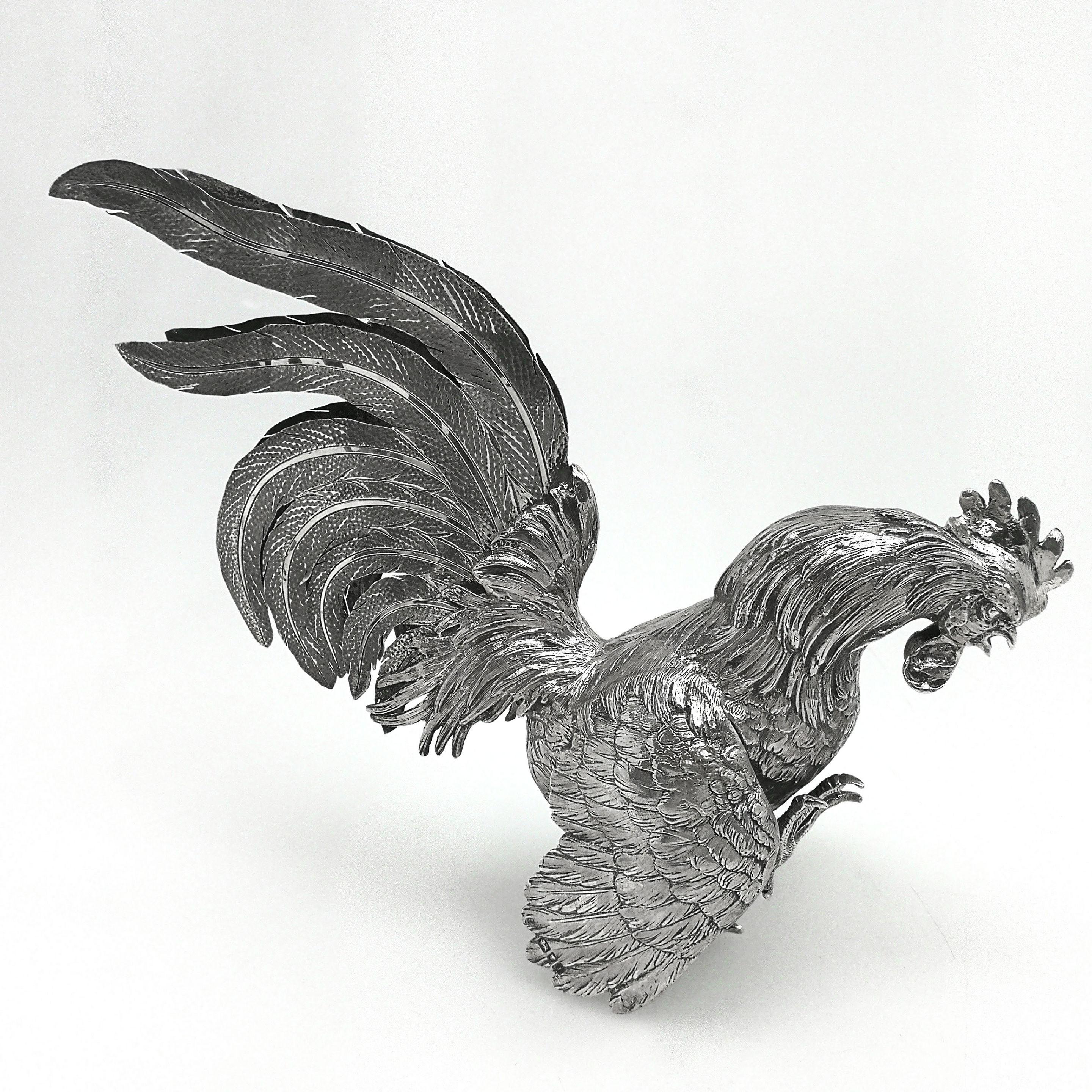 20th Century Sterling Silver Table Fighting Cockerels London 1964 Rooster Model Figures Pair