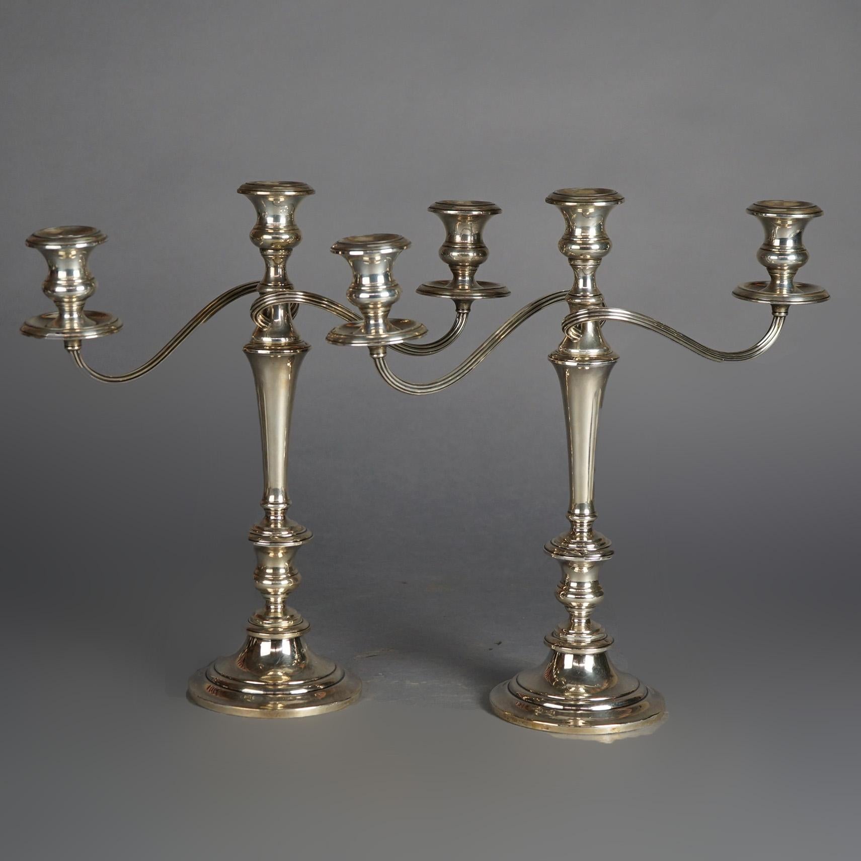Pair Sterling Silver Three-Light Candelabra, C1920 In Good Condition For Sale In Big Flats, NY
