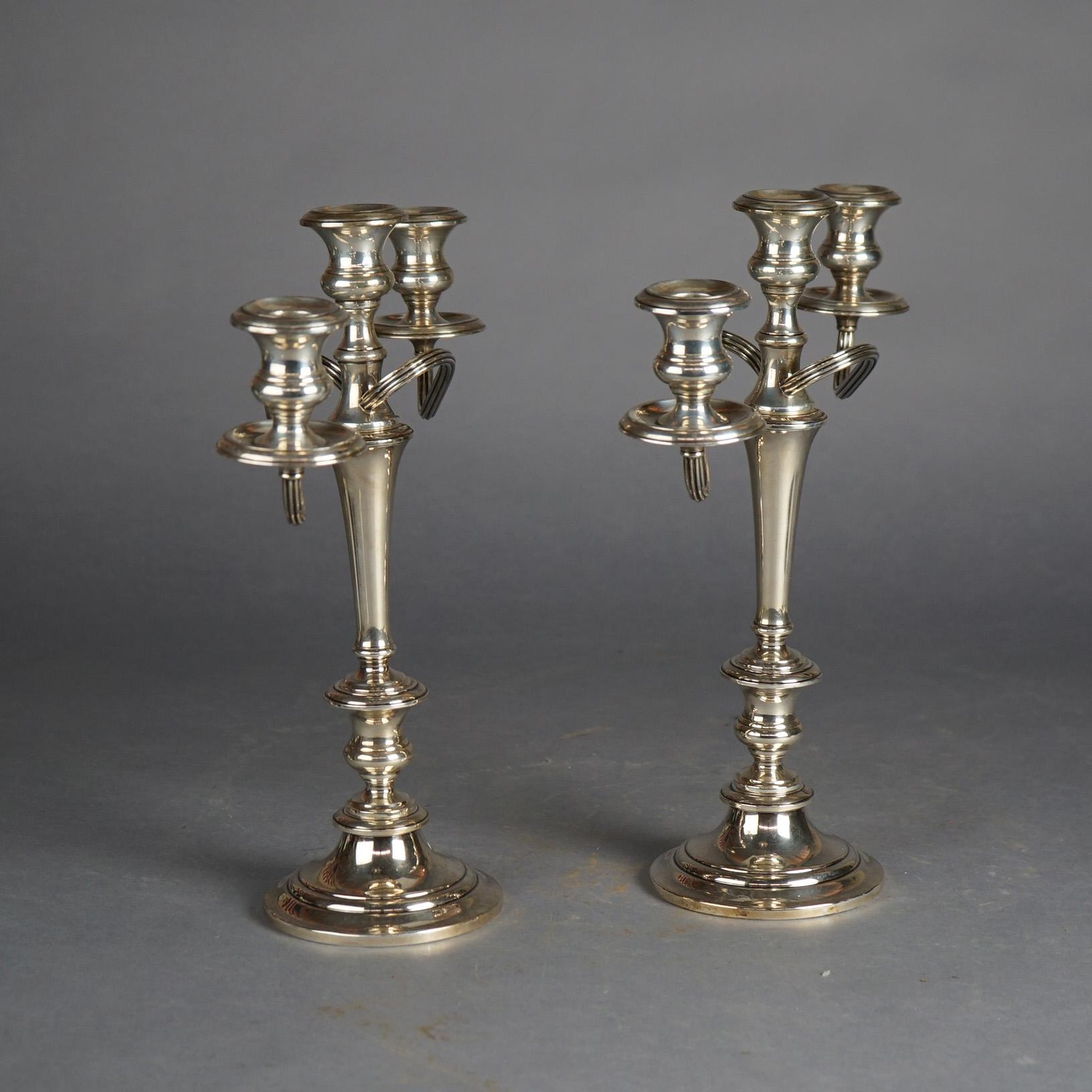 20th Century Pair Sterling Silver Three-Light Candelabra, C1920 For Sale