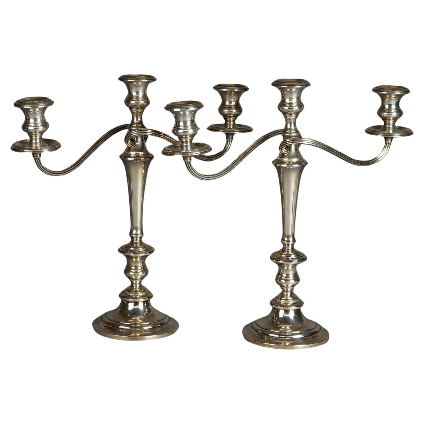 Pair Sterling Silver Three-Light Candelabra, C1920 For Sale