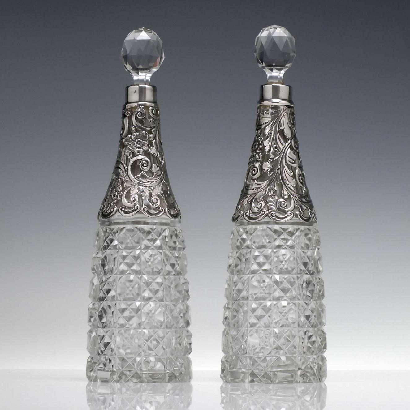 English Pair Sterling Silver Top Glass Liqueur Decanters Birmingham, 1897