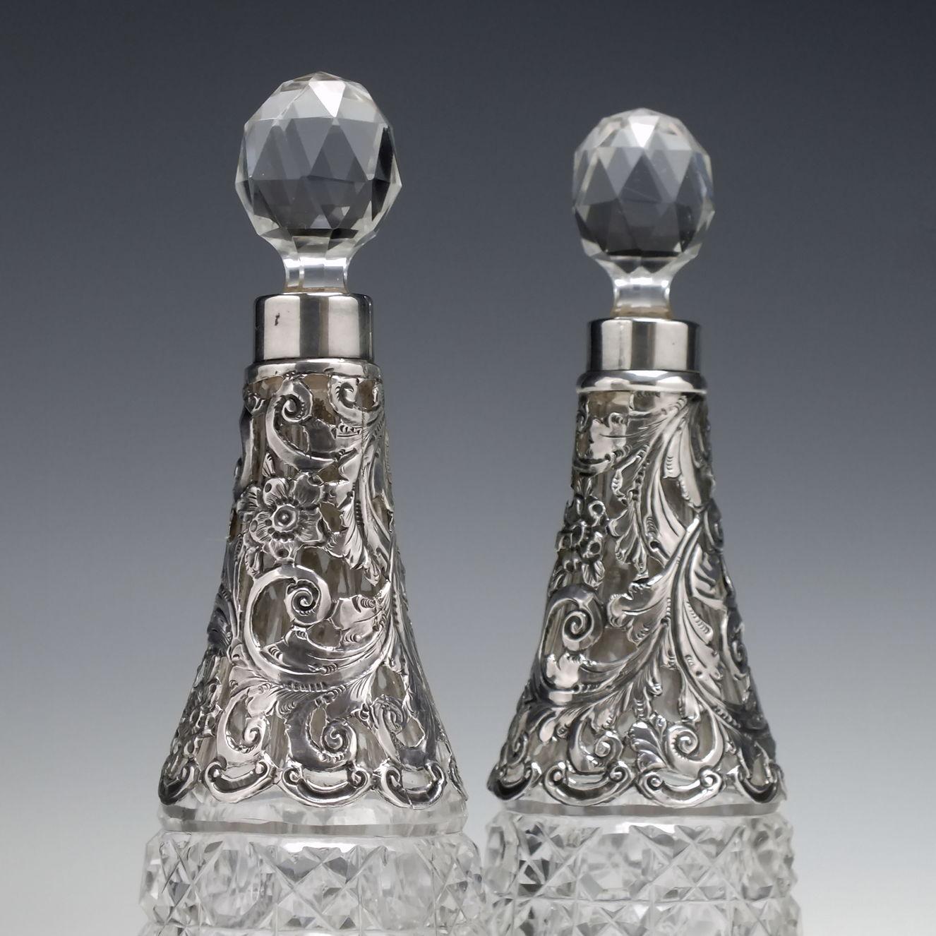Pair Sterling Silver Top Glass Liqueur Decanters Birmingham, 1897 In Good Condition In Whitburn, GB
