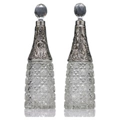 Pair Sterling Silver Top Glass Liqueur Decanters Birmingham, 1897