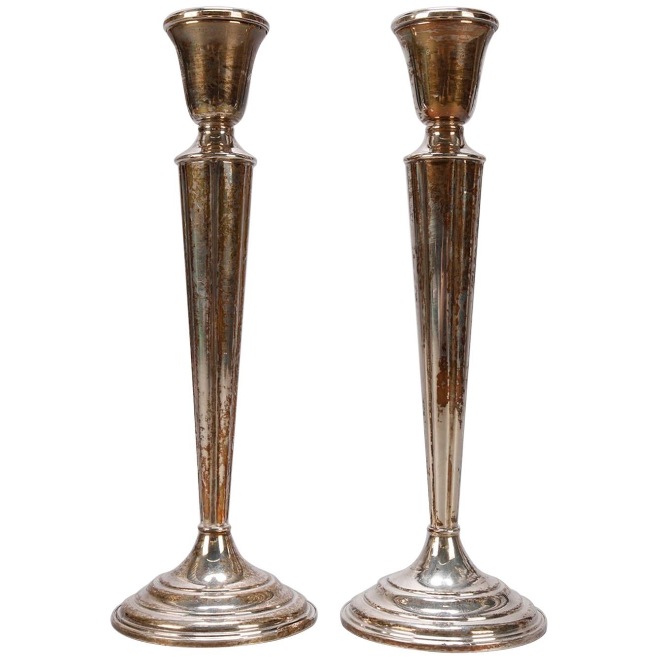 Pair of Sterling Silver Weighted Pillar Candlesticks by Lunt, circa 1940
