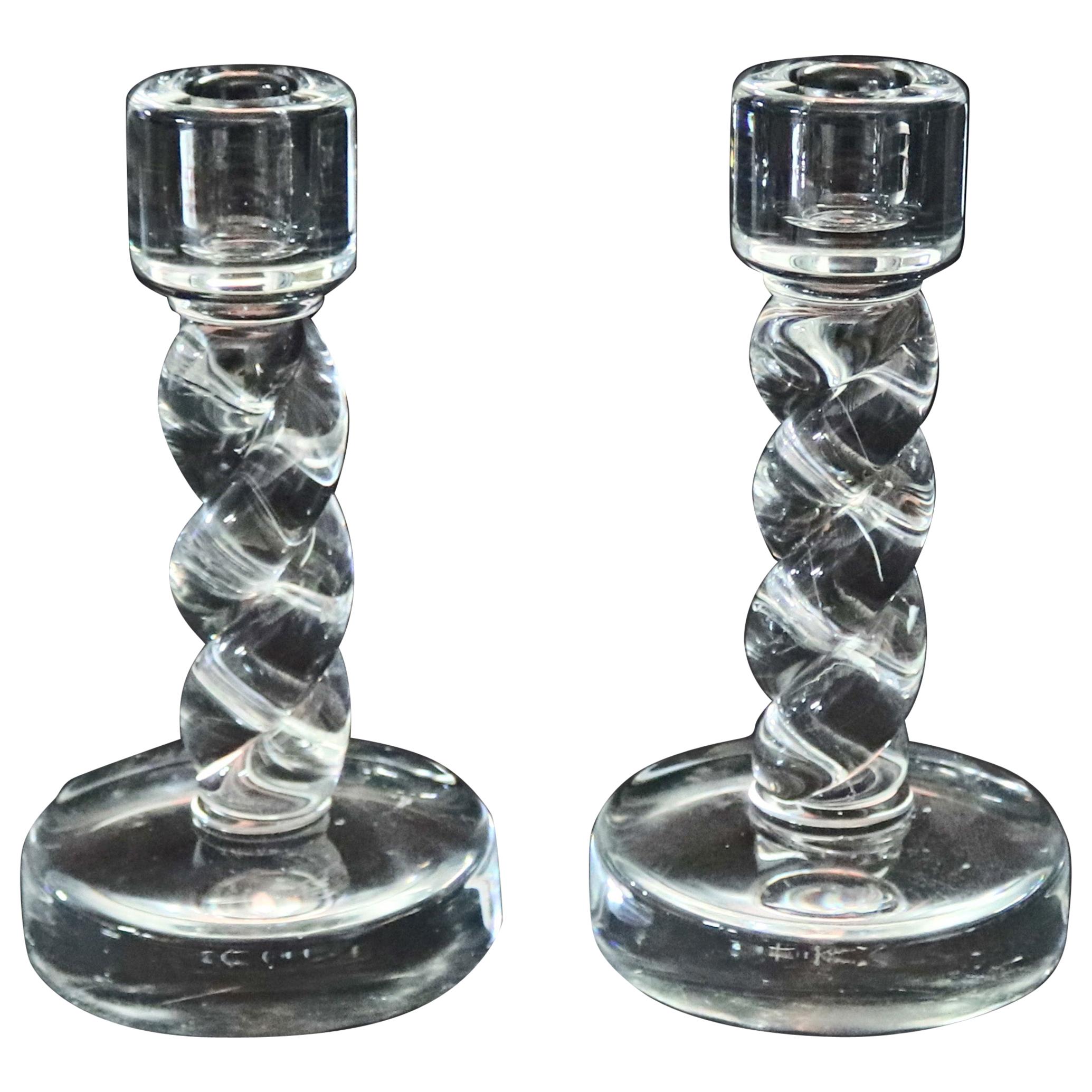 Pair of Steuben Crystal Rope Twist Stem Candle Sticks, Signed, 20th Century
