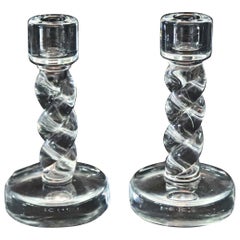 Vintage Pair of Steuben Crystal Rope Twist Stem Candle Sticks, Signed, 20th Century