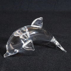 Pair of Steuben Crystal Sculpture Paperweights of Dolphins, Lloyd Atkins, Signed