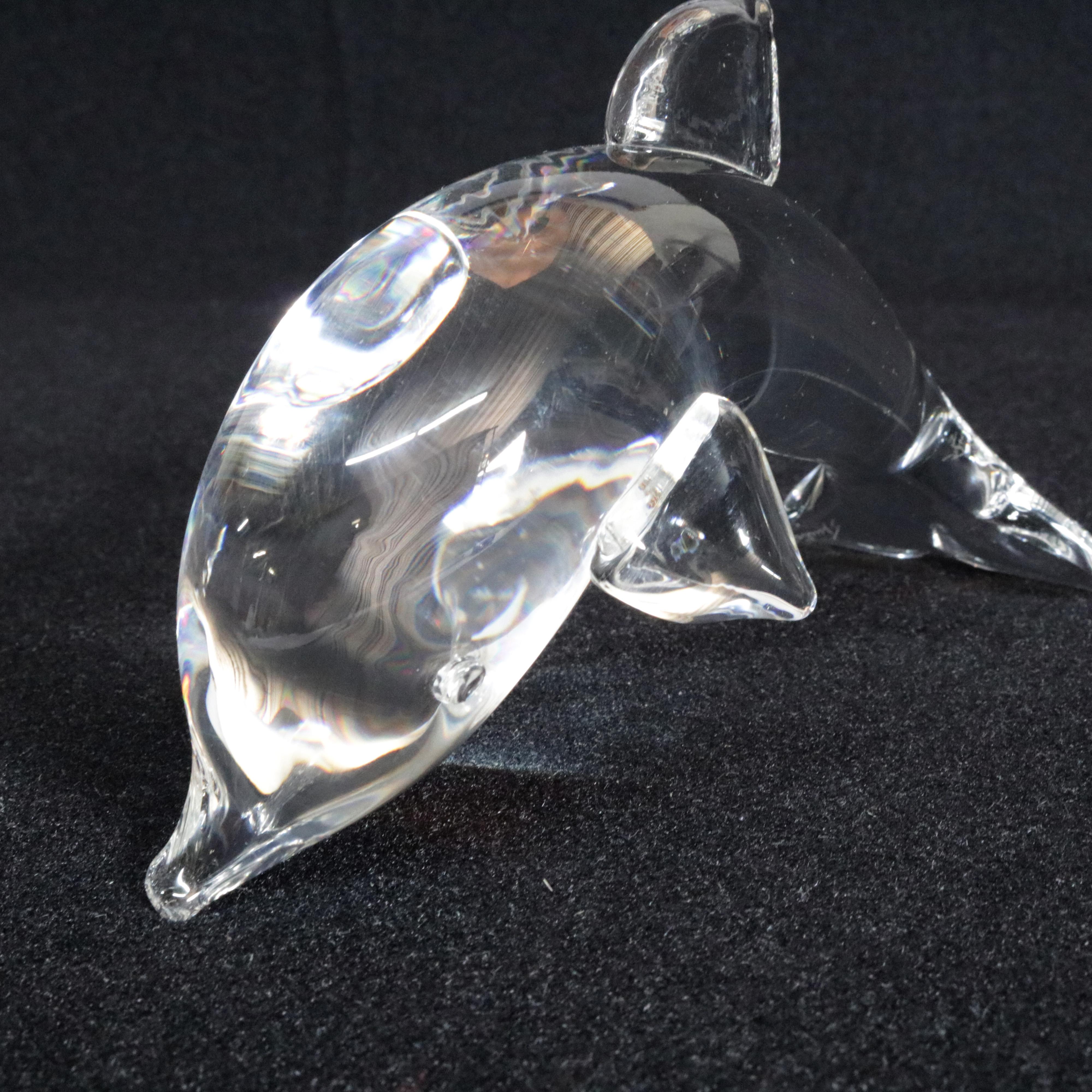 Mid-Century Modern Pair of Steuben Crystal Sculpture Paperweights of Dolphins, Lloyd Atkins, Signed