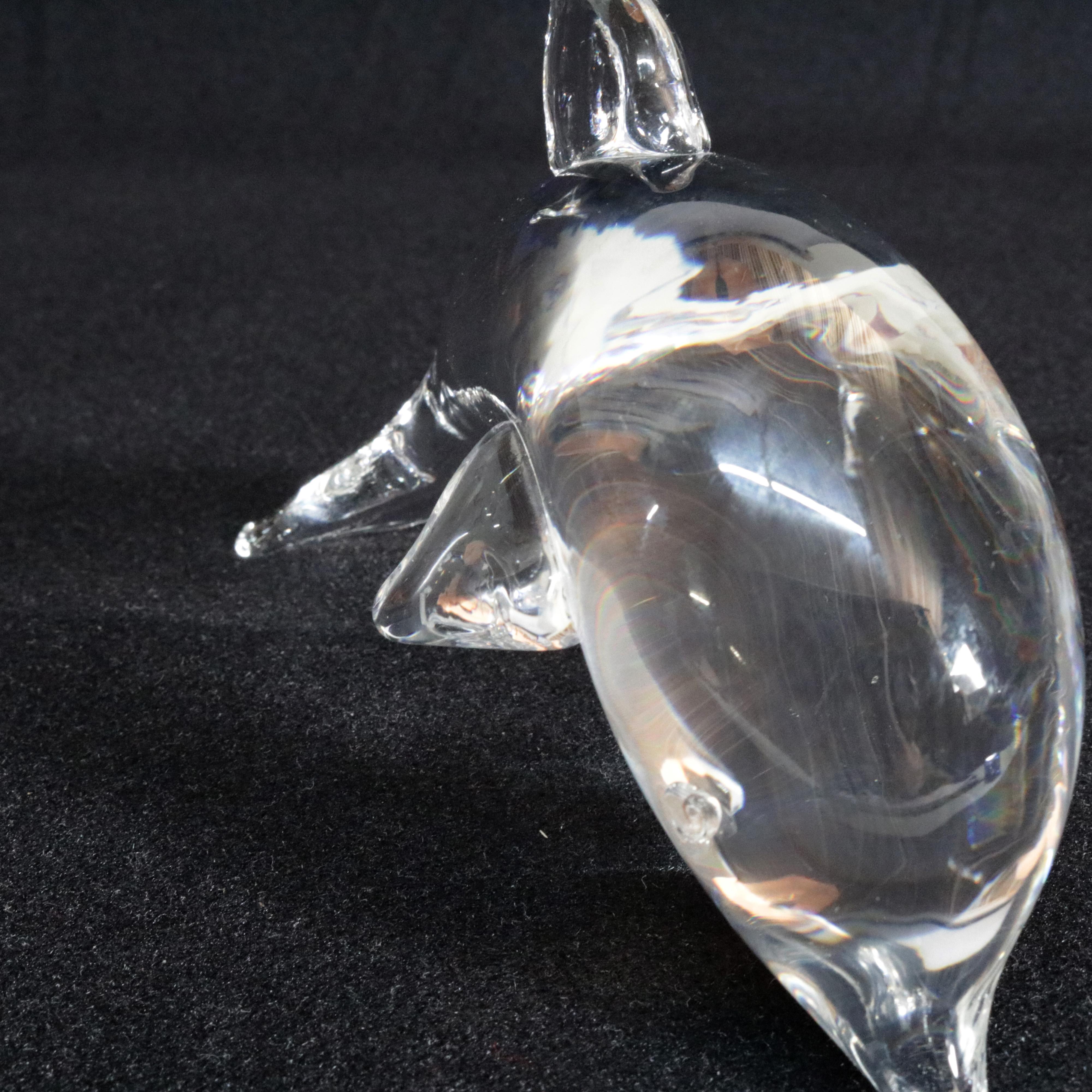 American Pair of Steuben Crystal Sculpture Paperweights of Dolphins, Lloyd Atkins, Signed