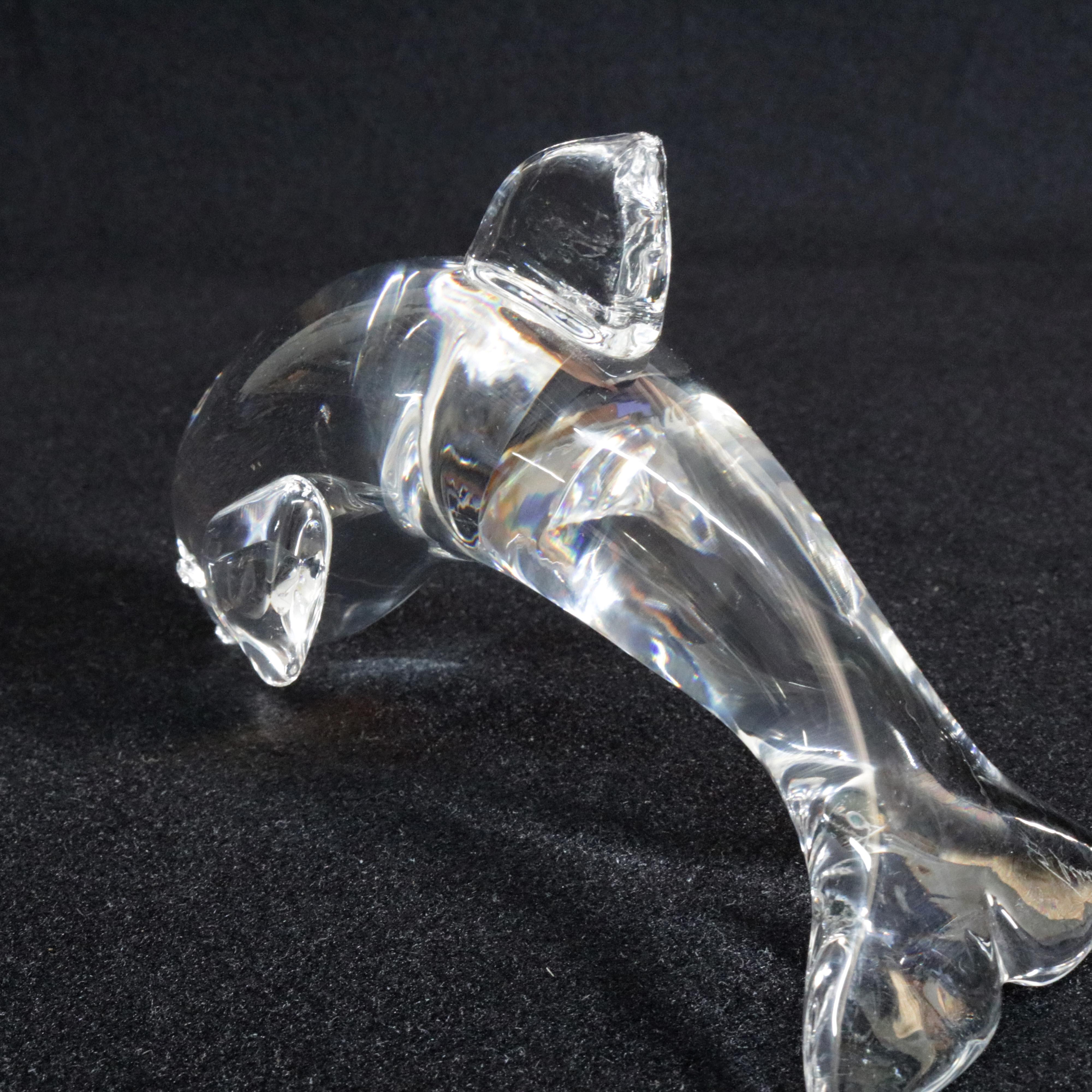 Pair of Steuben Crystal Sculpture Paperweights of Dolphins, Lloyd Atkins, Signed In Good Condition In Big Flats, NY