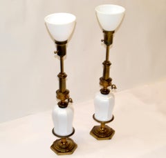 Pair Stiffel Style Brass Porcelain Milk Glass Globe Table Lamps Chinoiserie 1950