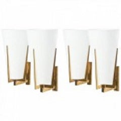 Pair Stilnovo Brass and Frosted Glass Wall Lights/Sconce, Italy