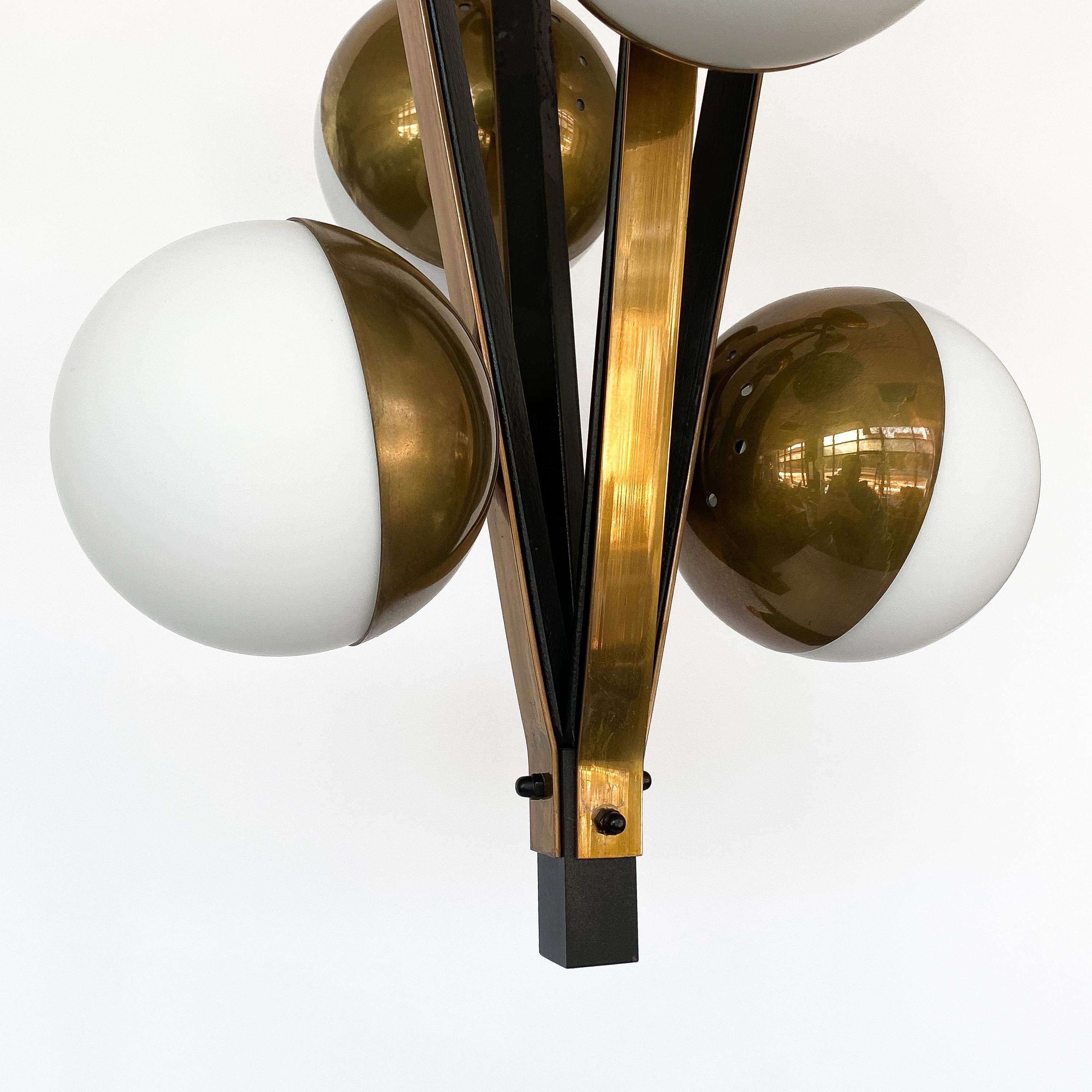 Pair of Stilnovo Brass Eight Globe Pendant Chandeliers 3
